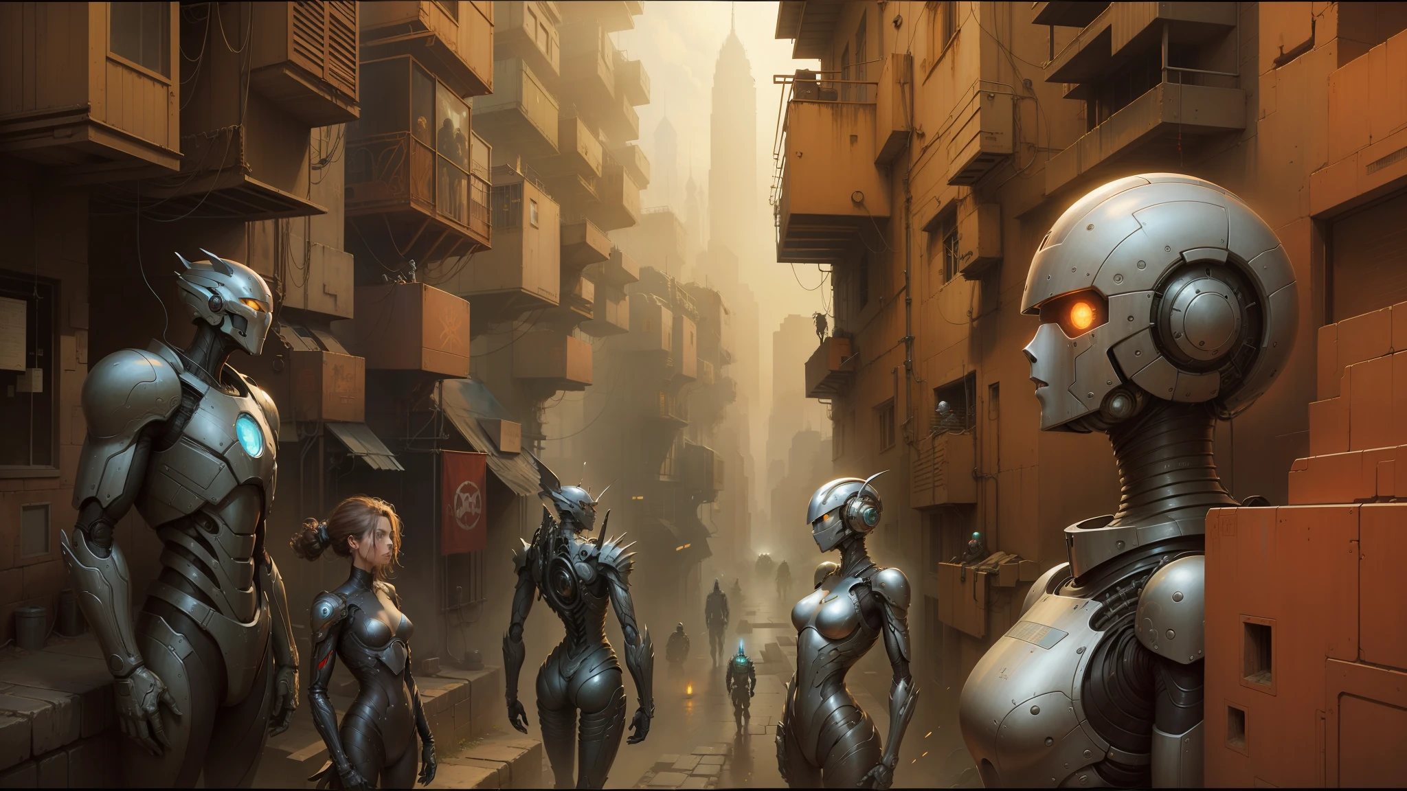 robots are standing in a narrow alley with a city in the background, peter gric and dan mumford, craig mullins nekro, by Peter Gric, style of jim burns, inspired by Stephan Martiniere, cgsociety ), cybernetic civilizations, cybernetic civilisations, fractalpunk, award winning scifi art, by Ian Miller --auto --s2