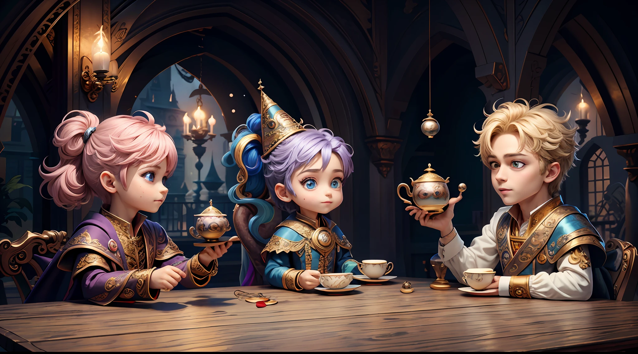 Masterpiece, best quality, wizard tea party, magic tea party, magic, chibi, handsome male witch, highly detailed realistic eyes, happy, vibrant, colorful, rich expressions, rich eyes
