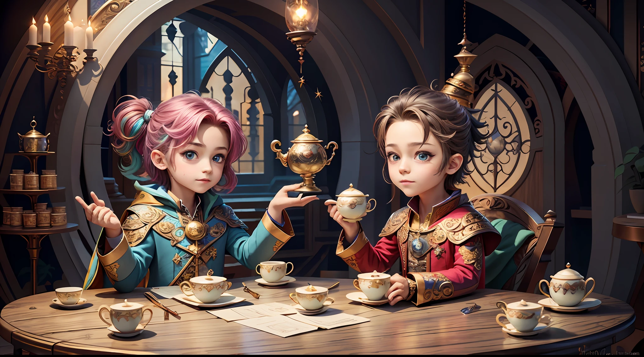 Masterpiece, best quality, wizard tea party, magic tea party, magic, chibi, handsome male witch, highly detailed realistic eyes, happy, vibrant, colorful, rich expressions, rich eyes