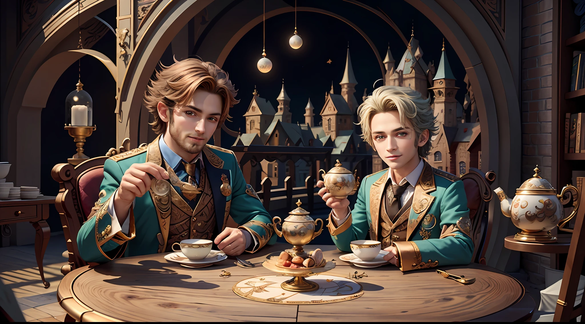 Masterpiece, best quality, wizard tea party, magic tea party, magic, chibi, handsome male witch, highly detailed realistic eyes, happy, vibrant, colorful, rich expressions, rich eyes