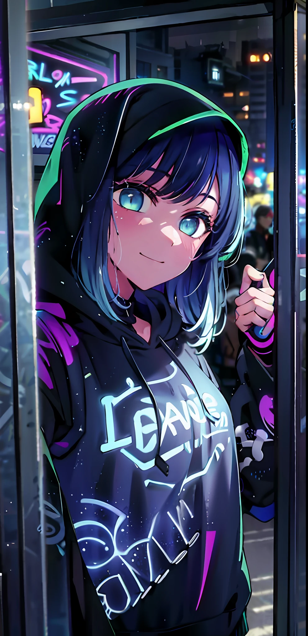 detailed background, masterpiece, best quality, smile, ornament, hoodie, blue neon, graffiti, dark, night, glowing eyes, blacklight, medium breast,selfie