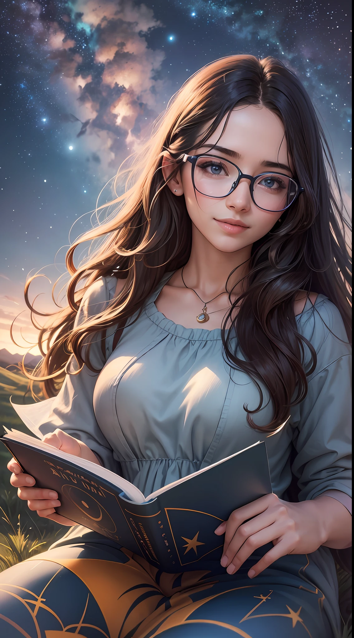 expansive landscape, (a view from below that shows the sky above and the open field below), Young woman sitting on the grass reading a book, long black curly hair, wearing glasses, delicate smile, bright brown eyes, looking up at the sky, lamp light, whole body, a tent in the background, starry sky, illuminated night, photographic effect, 8k, super detailed, hyper realistic.