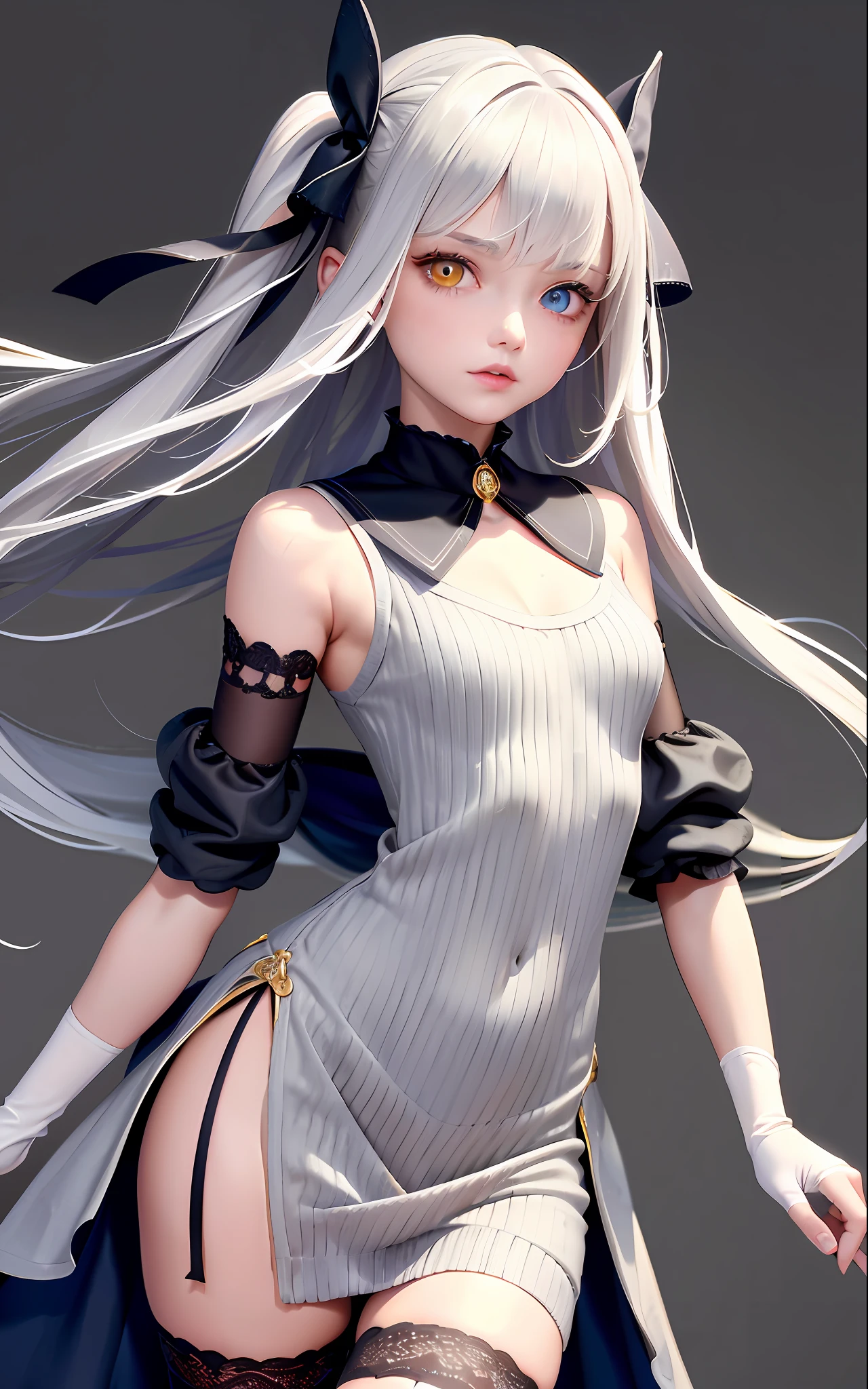 Superb Quality, Masterpiece, High Resolution, Best Quality, UHD, Super Detail, Award-Awarded, 16k, (Upper Body), A Beautiful Maiden, Gray Hair, Hair, ((Heterochromia)), Hanging Corners, Fair Skin, (Small Breasts), (Slim Figure), ((Sweater Dress)), (Ribbon Collar), (Short gloves as short as half a palm)