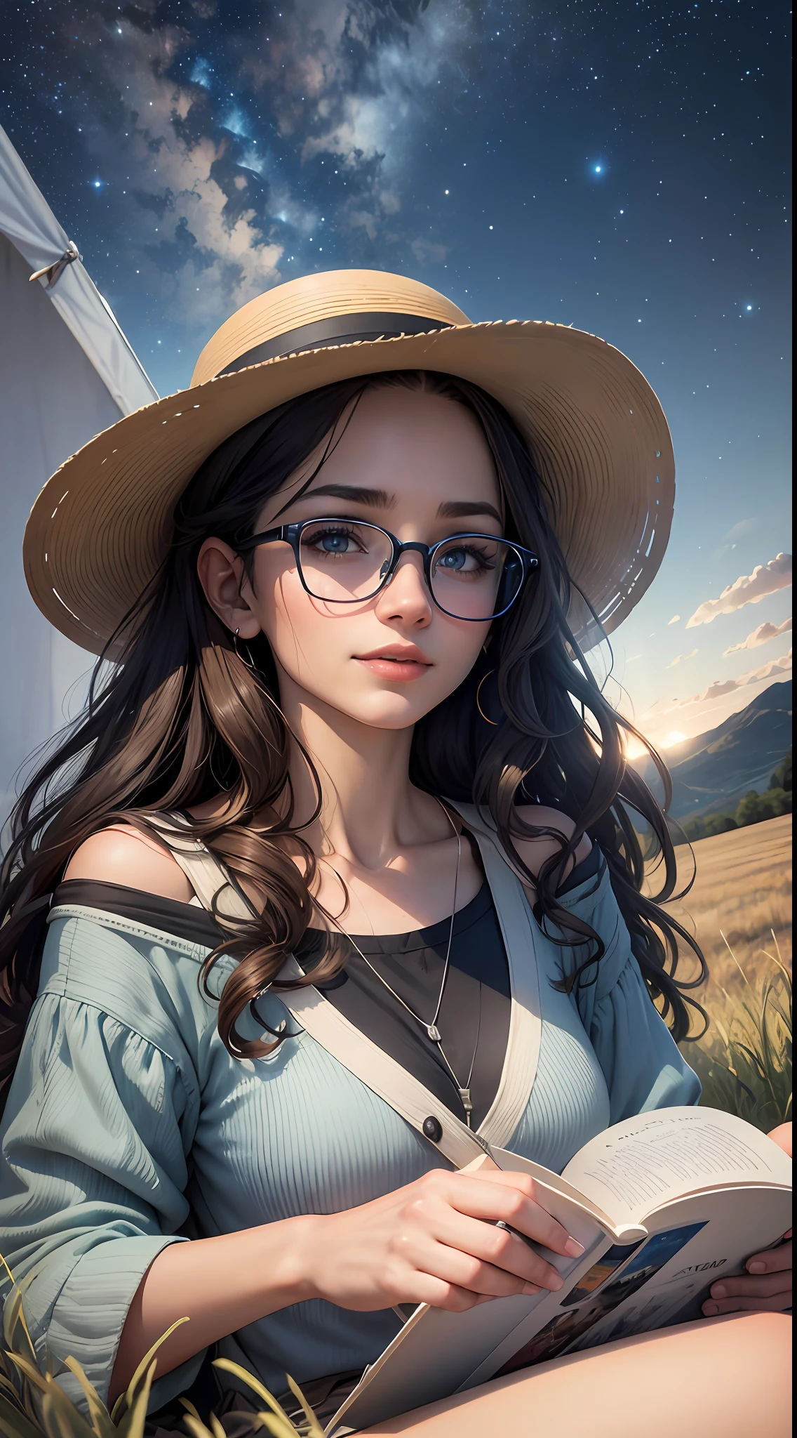 expansive landscape, (a view from below that shows the sky above and the open field below), Young woman sitting on the grass reading a book, long black curly hair, wearing glasses, delicate smile, bright brown eyes, looking up at the sky, lamp light, whole body, a tent in the background, starry sky, illuminated night, photographic effect, 8k, super detailed,  hyper realistic.