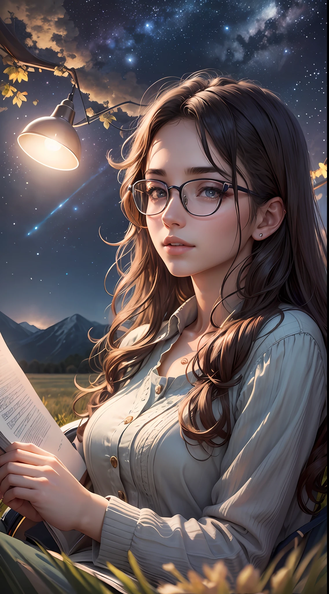 expansive landscape, (a view from below that shows the sky above and the open field below), Young woman sitting on the grass reading a book, long black curly hair, wearing glasses, delicate smile, bright brown eyes, looking up at the sky, lamp light, whole body, a tent in the background, starry sky, illuminated night, photographic effect, 8k, super detailed, hyper realistic.