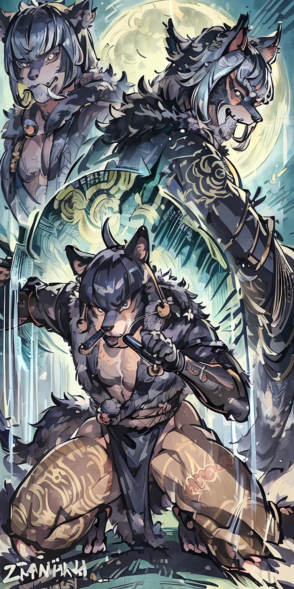 Top quality ultra-fine illustrations, movie poster, Zatoichi, Blind Swordsman (bamboo forest, dark night with beautiful full moon, rays of light through bamboo, backlighting) (beautiful face and eyes with great detail) absurdres perfect anatomy ((Beastman))) (furry, pair, Japanese kimono, ninja, sword with blue flames, battle duels) (furry anthro:1.7) ((((furry body, animal facial features, animal body features)))) ((((animal muzzle highly detailed fur)))) full body, sturdy look, shouting, combat regime (dynamic pose),