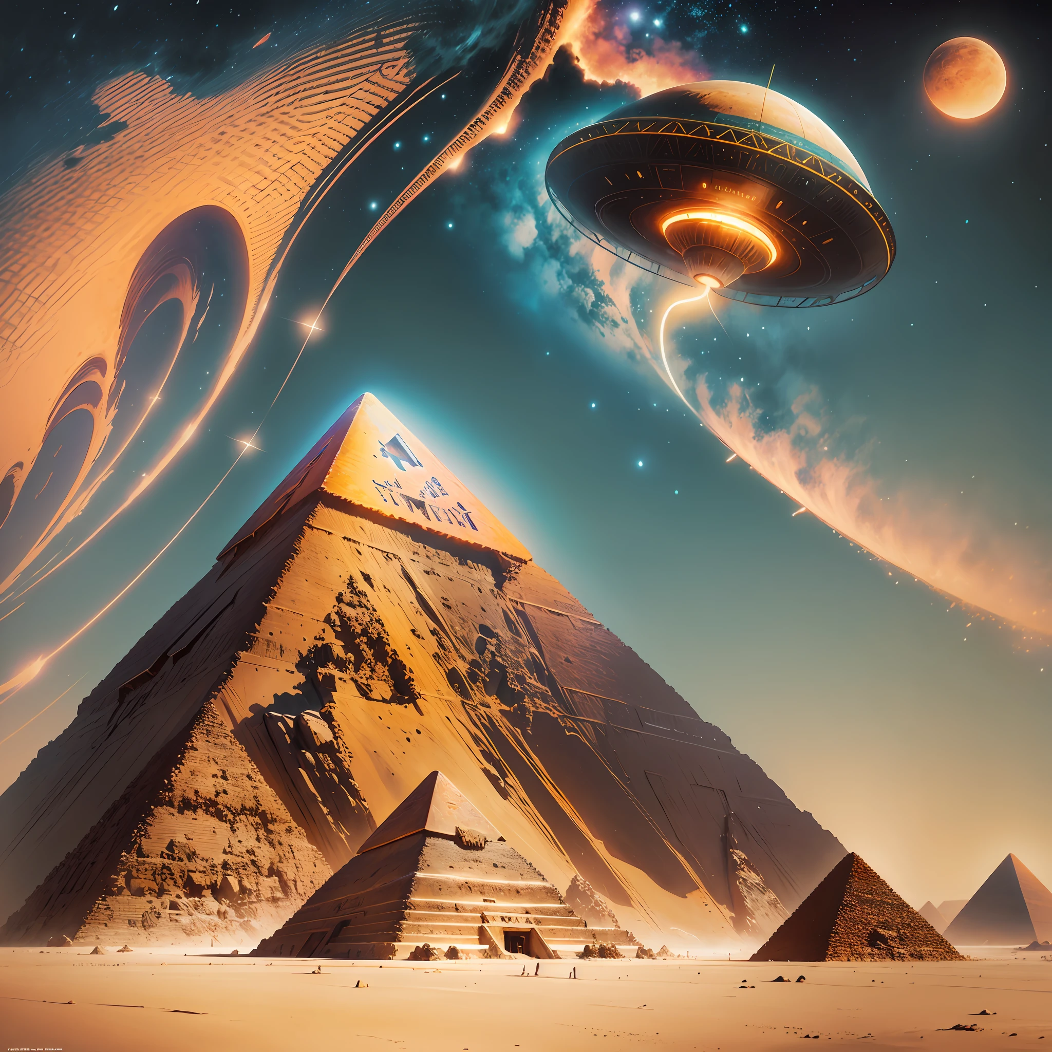 Sci-fi oil painting of the Great Pyramid of Giza as an alien UFO launching from the desert, art by Wayne Barlowe and Simon Stålenhag, hyperrealism --ar 9:16 --c 13 --q 2 --v 5.1 --auto --s2