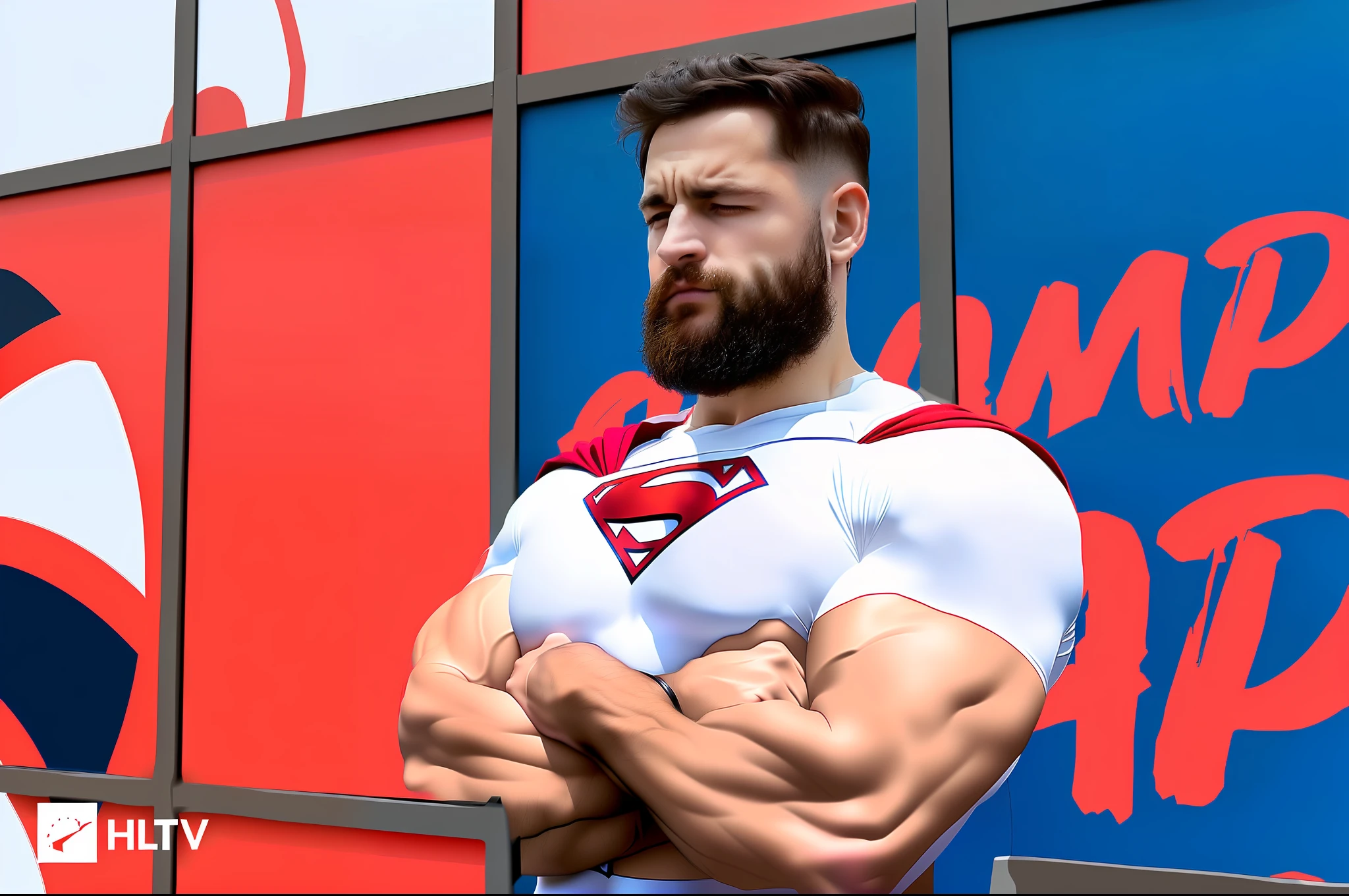 Wearing Superman outfit, strong arms and superhero cape --auto --s2