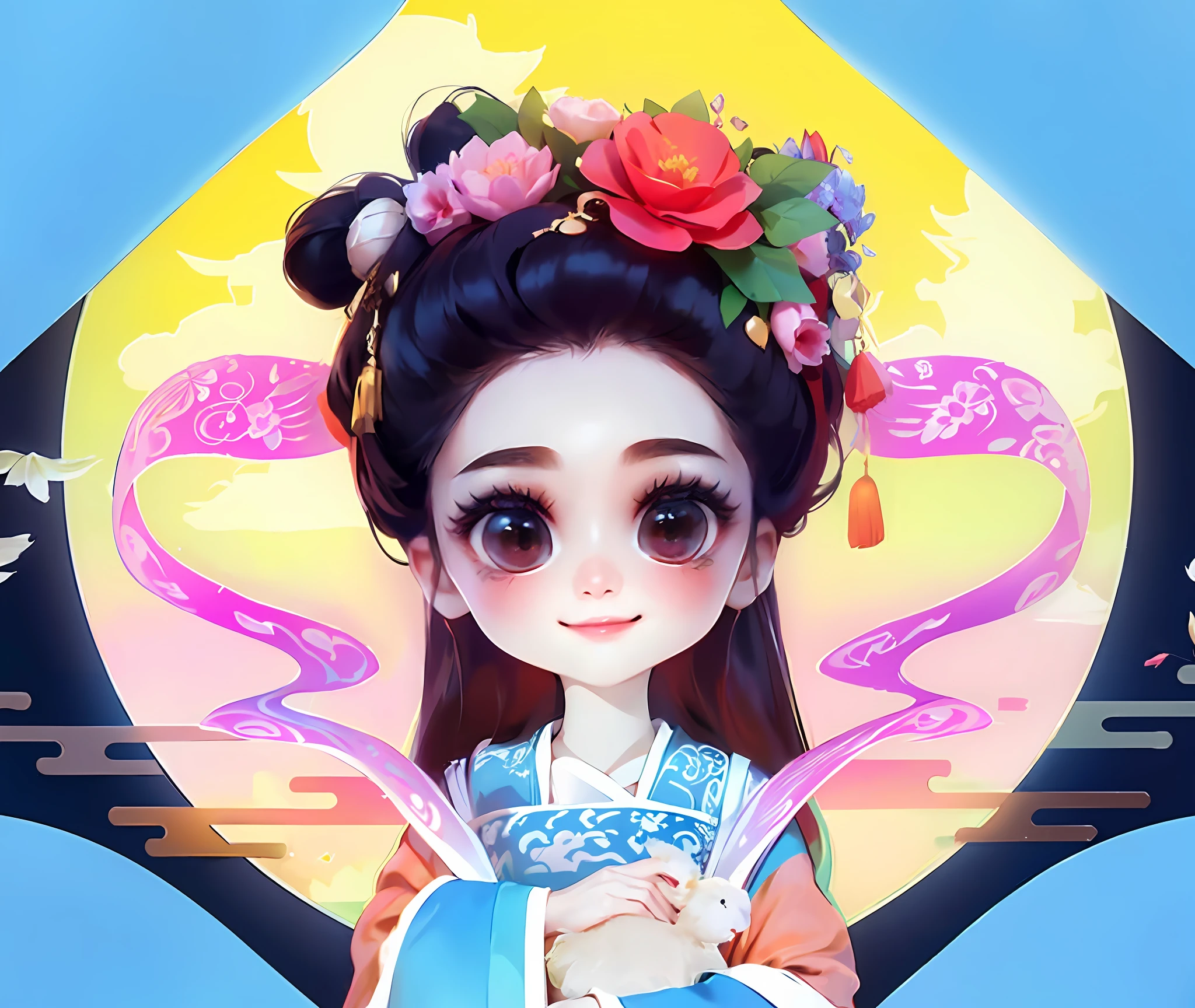 Superb Beauty, (Milky Skin: 1.3), Exquisite Details, High Resolution, Wallpaper, 1 Woman, Solo, Dress, Hair Accessories, (((Golden Red Dress)), Flower, , (Chang'e) Long Hair, Brown Hair, Shut Up, Accessories, Long Sleeves, Raised Hands, Wide Sleeves, Big Eyes, Flowing Hair, Hanfu, Hanfu, Embroidery, Long Skirt, Natural Pose, Falling Petals, Fanning, Lantern, 16K, HDR, High Resolution, Depth of Field, (Film grain: 1.1), Bocon, Golden Hour, (lens flare), vignette, rainbow, (color grading: 1.5)(( Hanfu, embroidery, long skirt))(((((smile, natural expression)))))