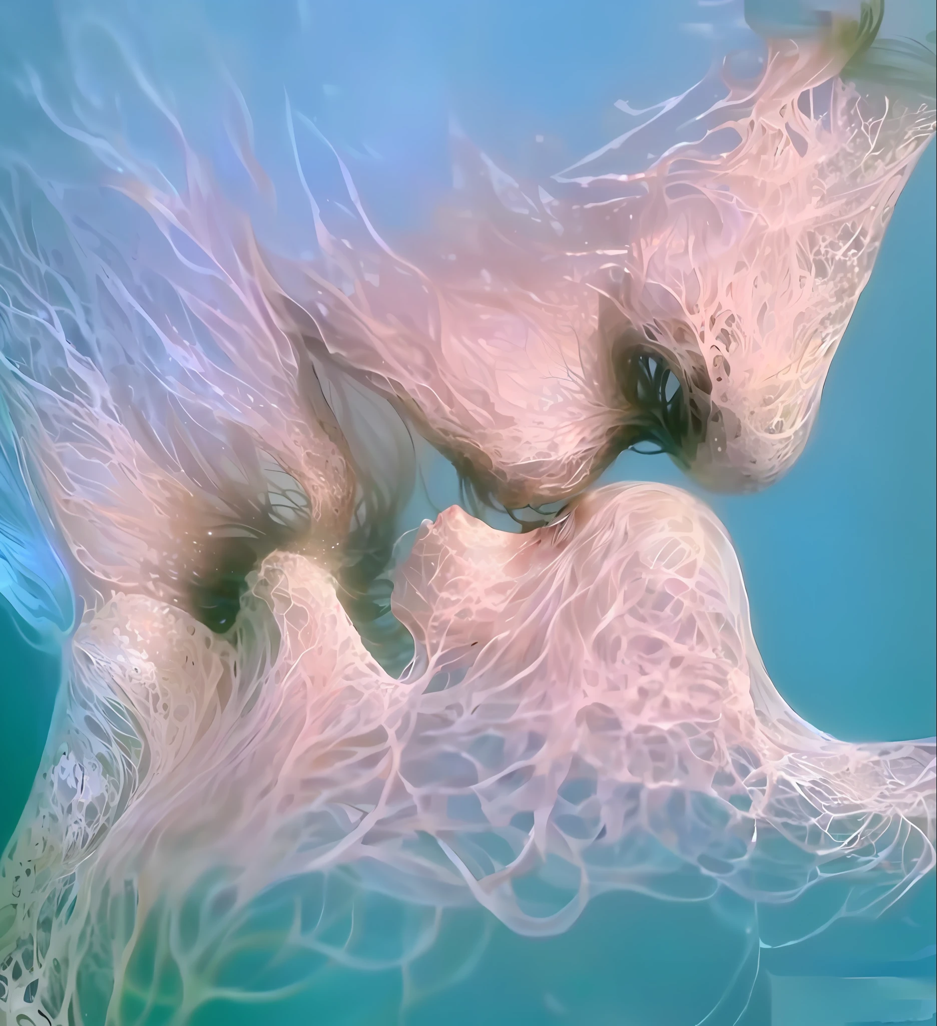 there are two people kissing in the water with their hair blowing, entwined bodies, amazing cgi, houdini algorithm generative art, human bodies intertwined, macro art, amazing detail digital art, houdini fluid simulation, kissing, by Anna Füssli, stunning art, extremely close shot, generative art, fluid simulation in houdini, beautiful art