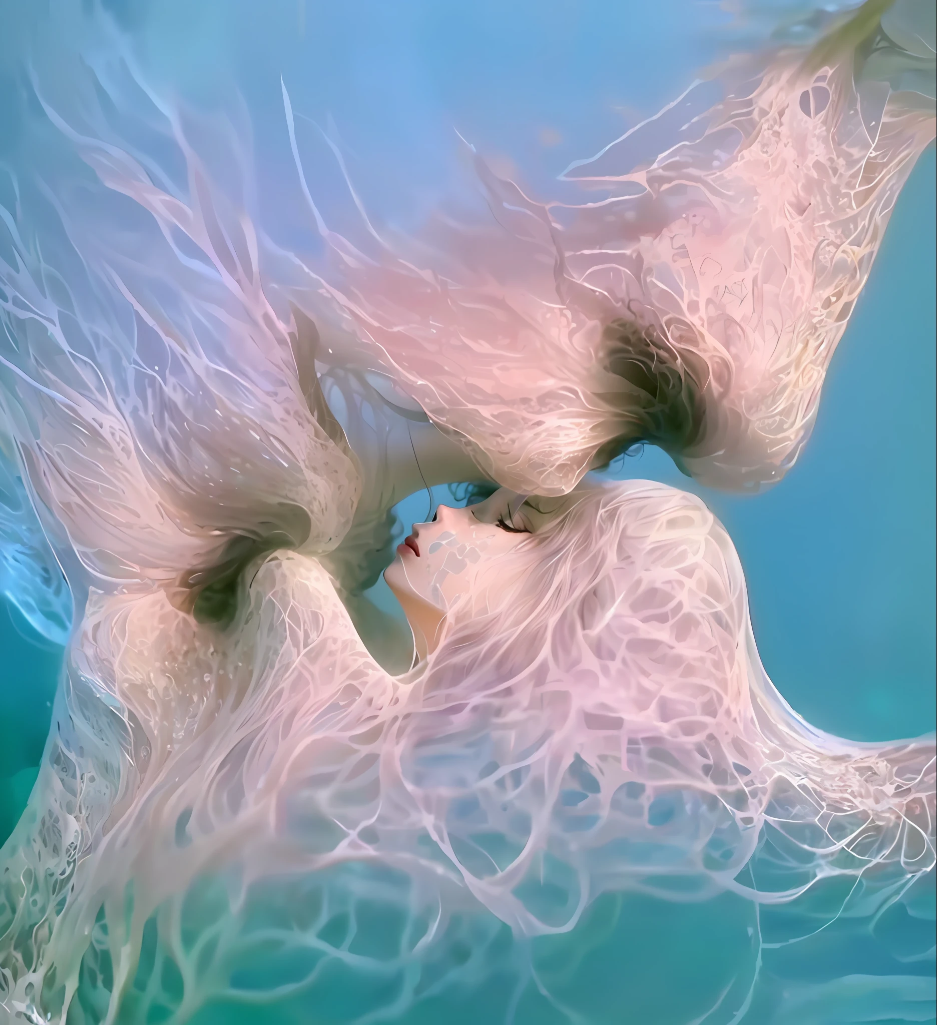 there are two people kissing in the water with their hair blowing, entwined bodies, amazing cgi, houdini algorithm generative art, human bodies intertwined, macro art, amazing detail digital art, houdini fluid simulation, kissing, by Anna Füssli, stunning art, extremely close shot, generative art, fluid simulation in houdini, beautiful art