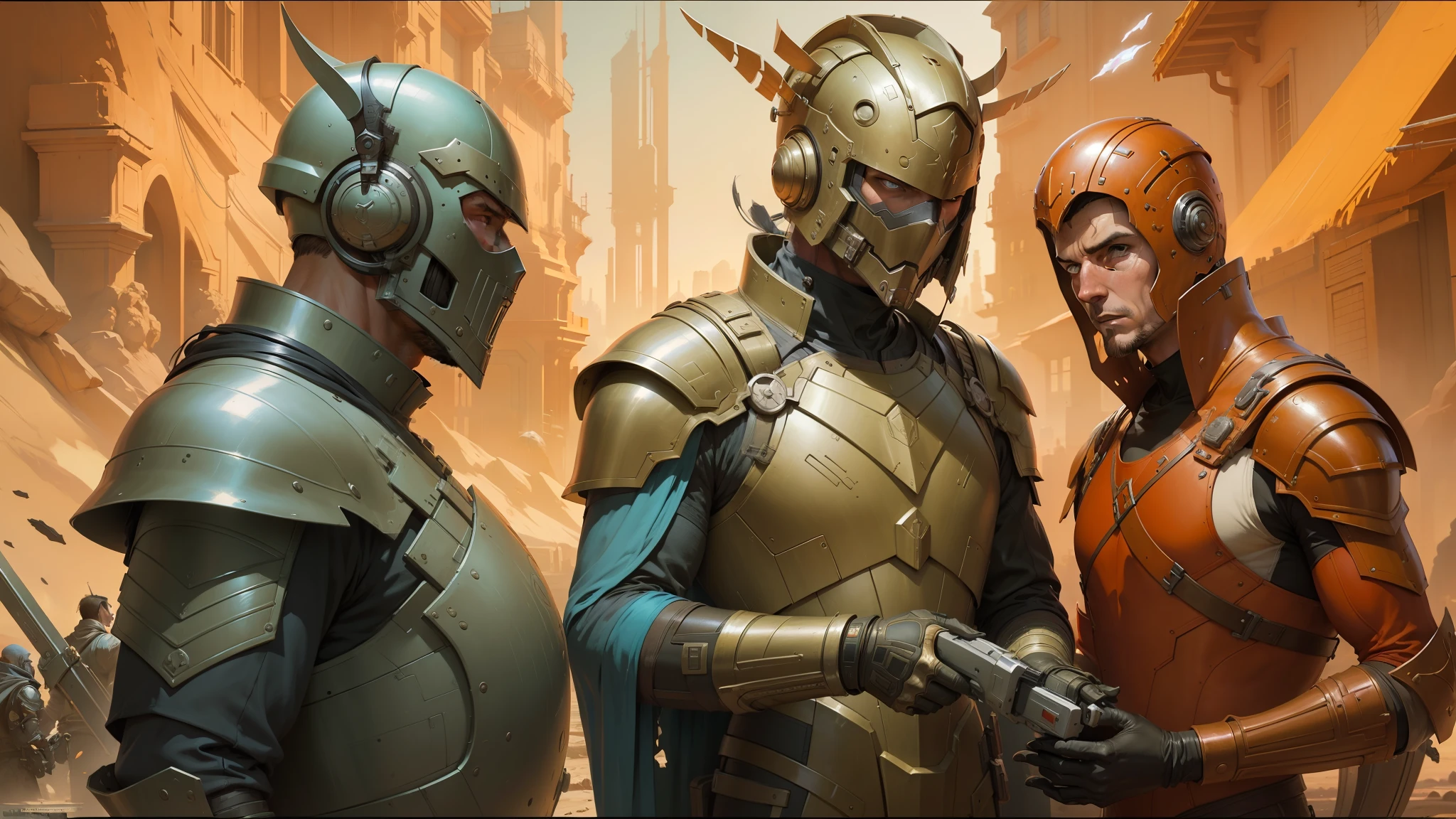 painting of two men in armor standing next to each other, greg rutkowski and jakub rebelka, tuomas korpi and wlop, greg rutkowski and craig mullins, style from greg rutkowski, craig mullins and greg rutkowski, greg rutkowski futurism, craig mullins nekro, nixeu and greg rutkowski, greg rutkowski and moebius --auto --s2