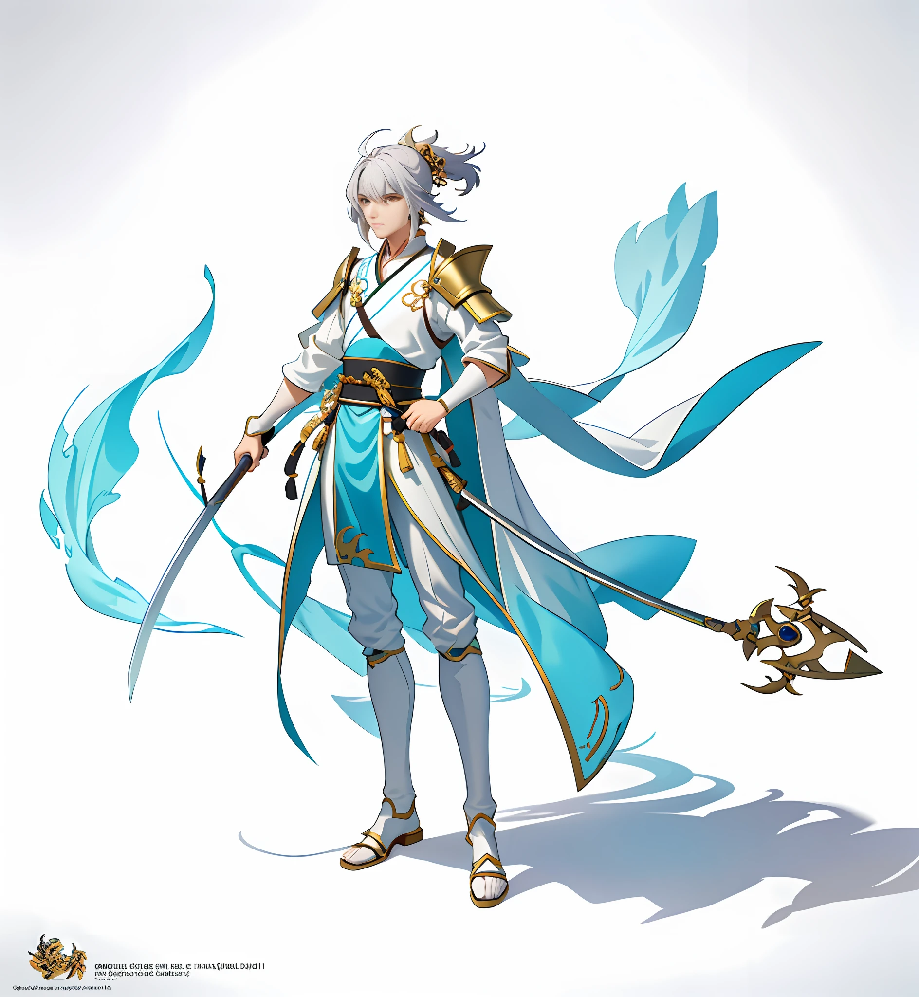 Full body photo of a man holding a sword and sword, Xian Xia Hero, Onmyoji Detailed Art, Genshin Impact Style, Zhao Yun, official character art, a boy holding a spear, helmet on his head, Chinese clothing, Hanfu, armor, belt, metal shoulder armor, brown shoes, white hair, high ponytail, white background