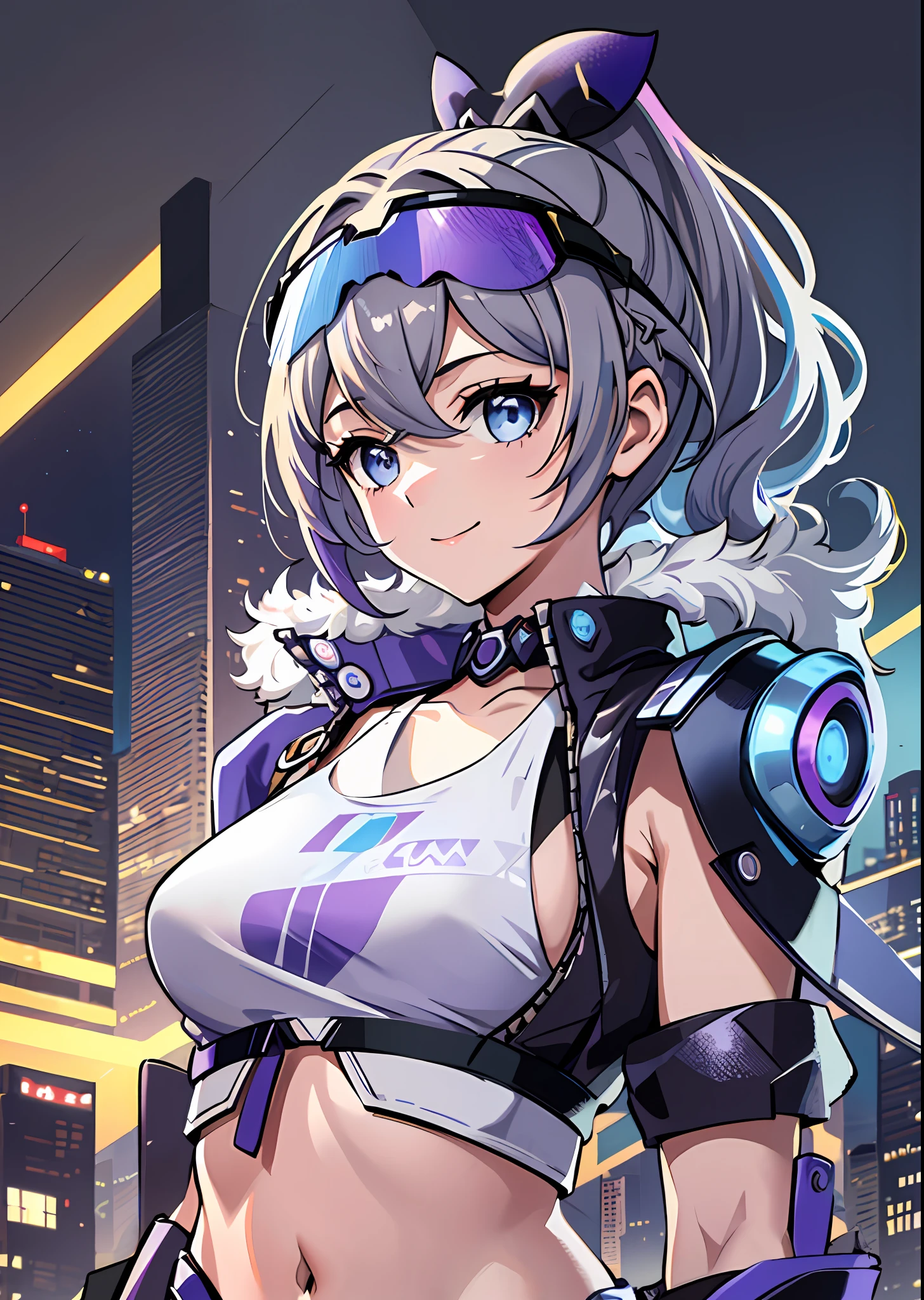 ((masterpiece)), super high quality, curly high ponytail girl, gray hair, cyberpunk, blue-purple gradient ski goggles, functional wind, petite body, smile, moderate chest, clothes wrapped around the body, dynamic pose, golden section, lens highlights focus, large aperture, side light effect, white background, clear details, bright tones, very impactful picture, clear brush, half-body, rich details, vivid eyes, picture coordination, characters are in the center of the picture.