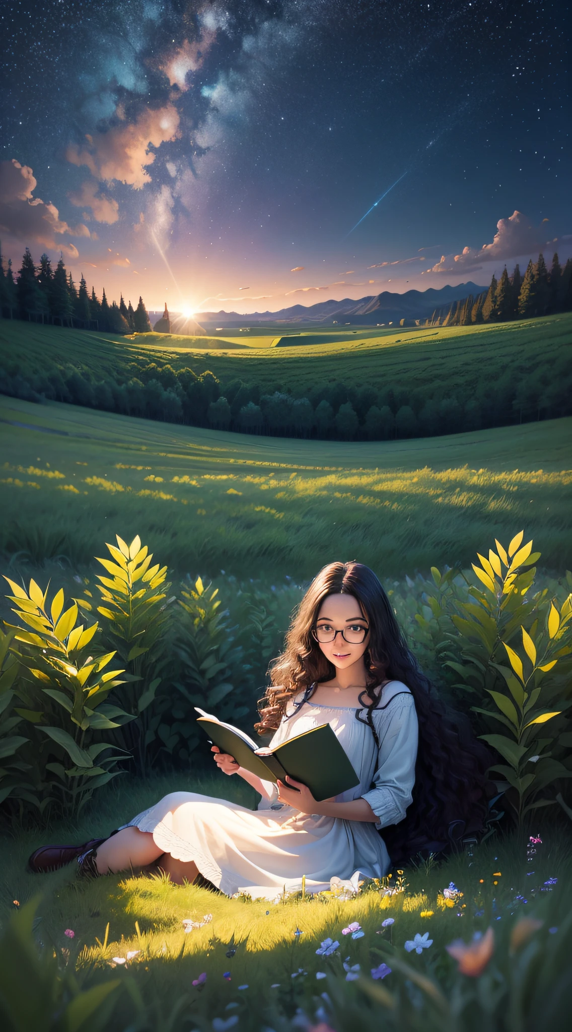 expansive landscape photography, (a view from below that shows the sky above and the open field below), Young woman sitting on the grass reading a book, long black curly hair, wearing glasses, delicate smile, bright brown eyes, looking up at the sky, lamp light, whole body, under a huge tree, a tent in the background, starry sky, illuminated night, photo effect, 8k, super detailed, hyper realistic.