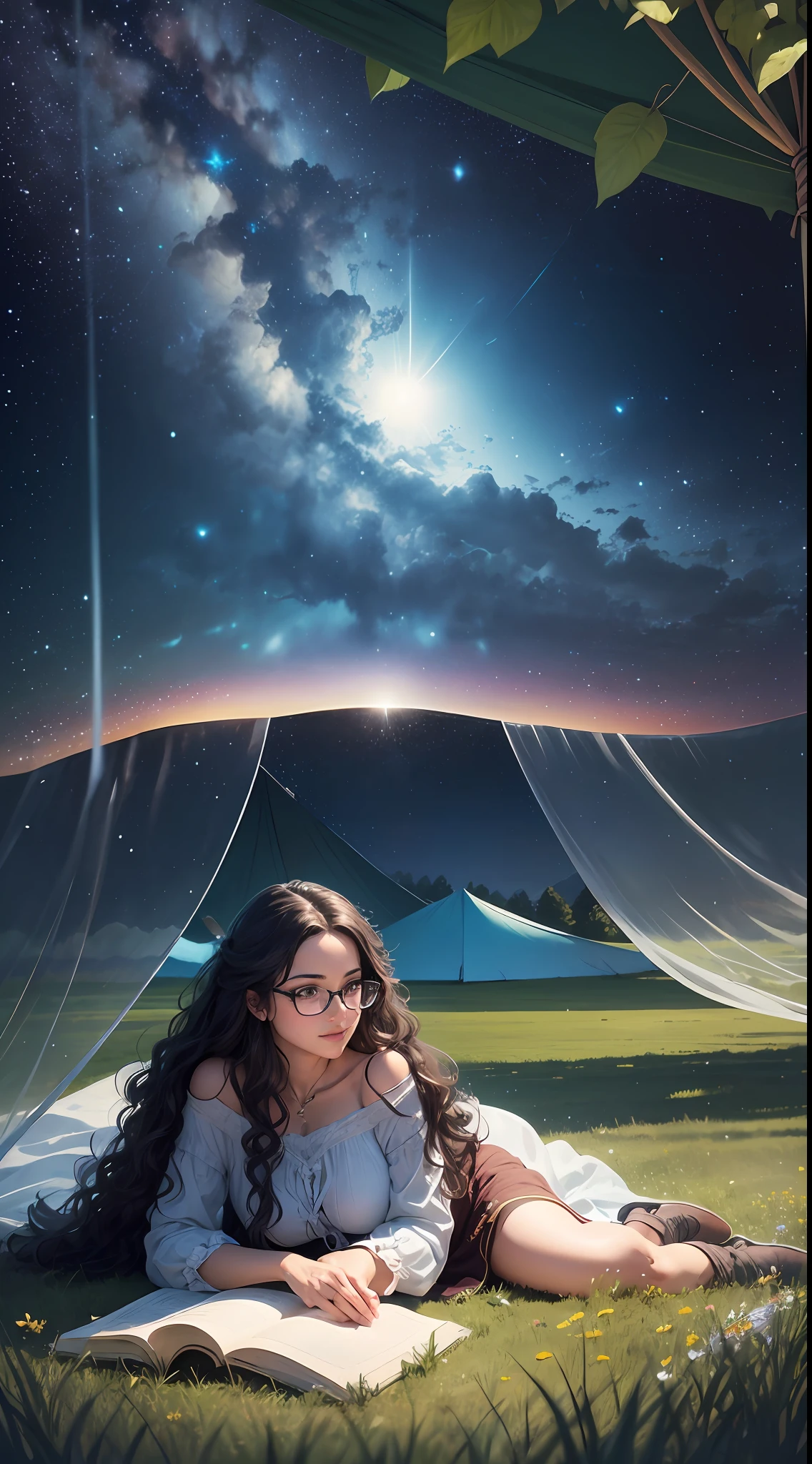 expansive landscape photography, (a view from below that shows the sky above and the open field below), Young woman sitting on the grass reading a book, long black curly hair, wearing glasses, delicate smile, bright brown eyes, looking up at the sky, lamp light, whole body, under a huge tree, a tent in the background, starry sky,  illuminated night, photo effect, 8k, super detailed, hyper realistic.