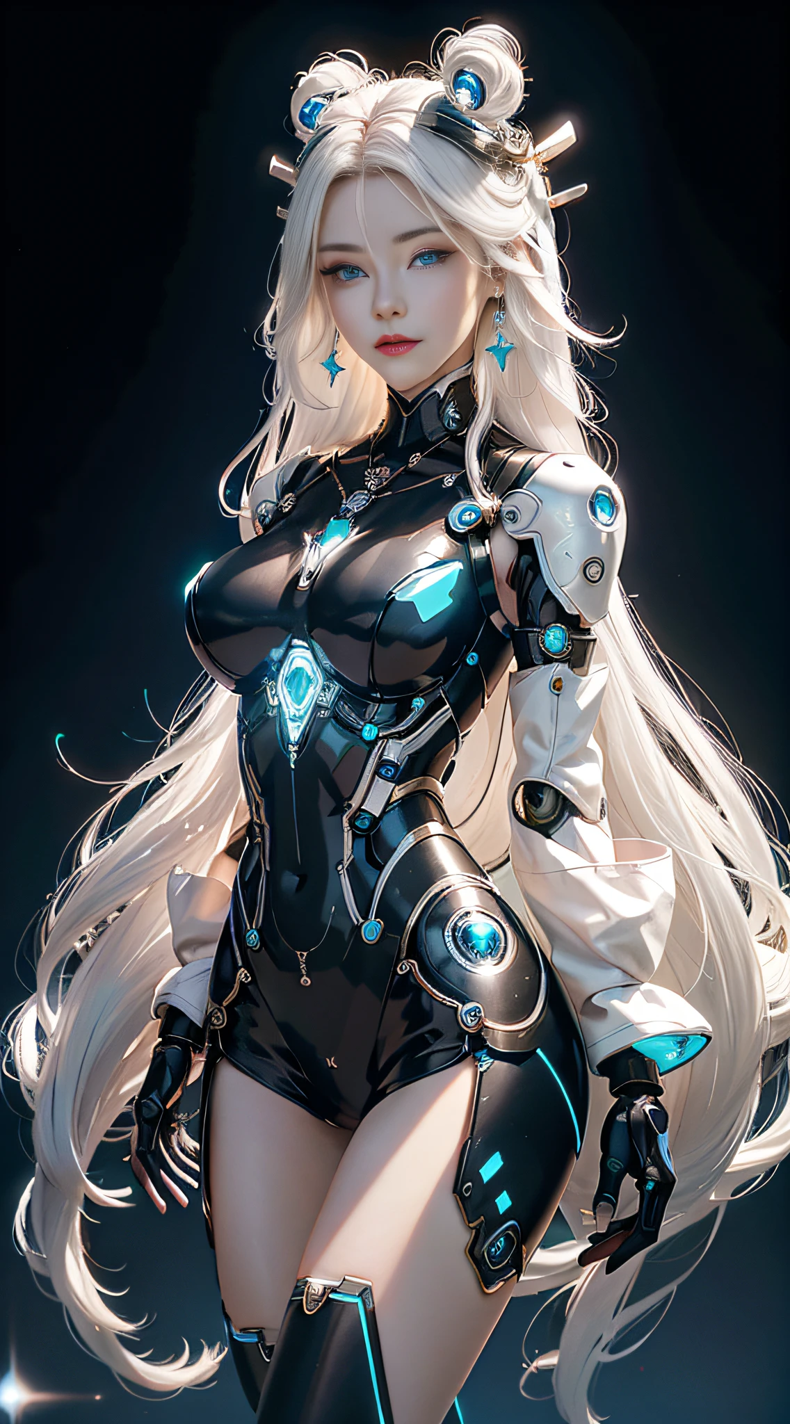 Elegant hair,1girl,solo,Mechanical Headwear,Look up the lens,white hair,long hair,whole body,mechanical arm,(glow:1.2),earrings,looking at viewer,mechanical necklace,Positive symmetrical composition,blue eyes,Robot Background,Diamond,The background of the huge light engine,mechanical leg,.