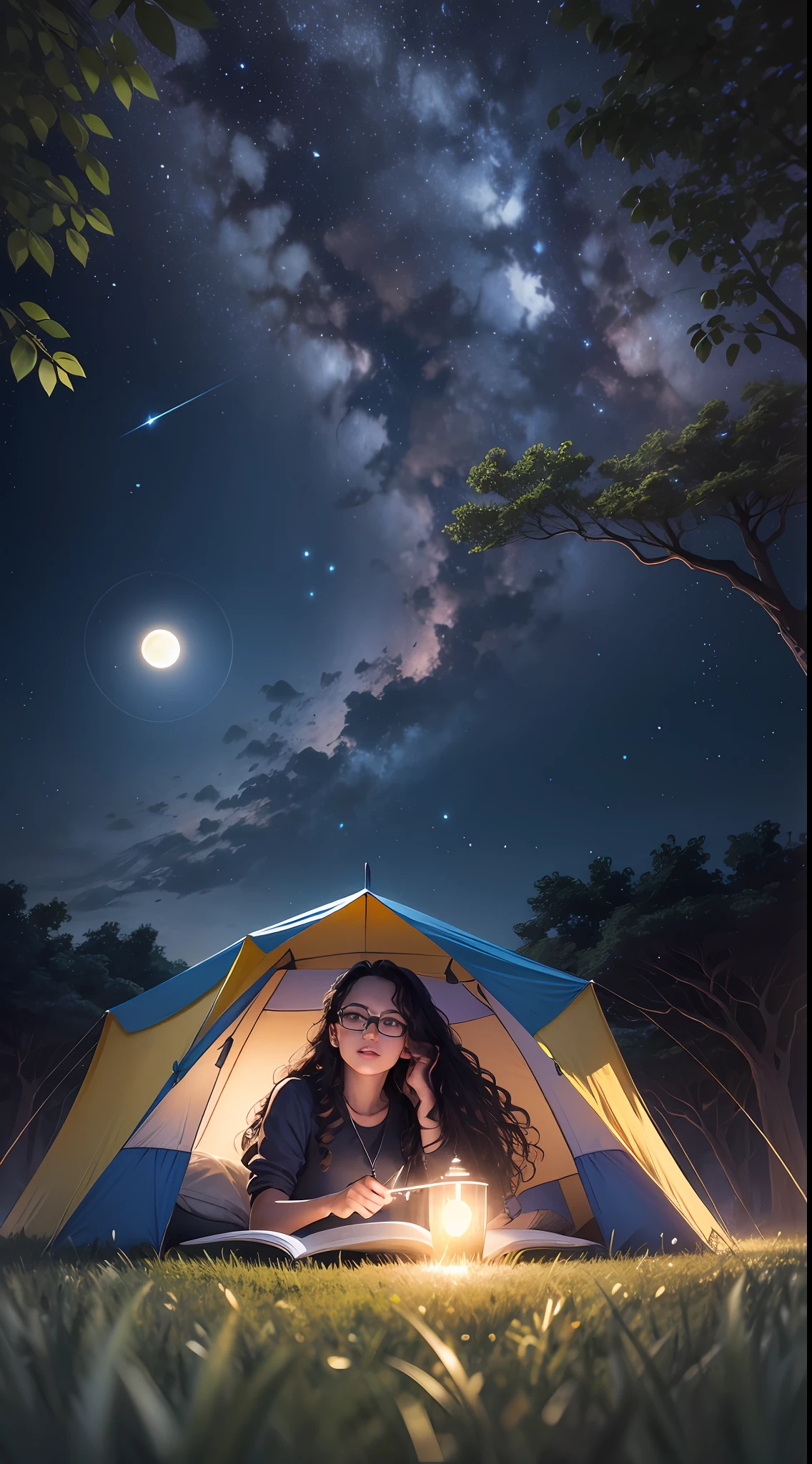 expansive landscape photography, (a view from below that shows the sky above and the open field below), Young woman sitting on the grass reading a book, long black curly hair, wearing glasses, delicate smile, bright brown eyes, looking up at the sky, lamp light, whole body, under a huge tree, a tent in the background, starry sky,  illuminated night, photo effect, 8k, super detailed, hyper realistic.