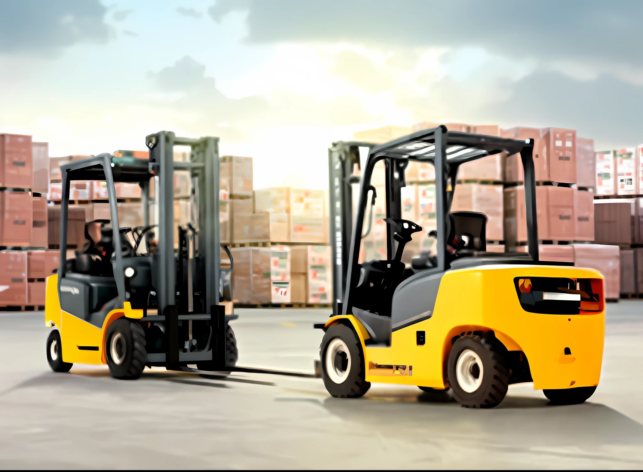 arafed forklifts parked in a warehouse with boxes stacked on the back, hr, easy, exceptional, background, high quality photo, ready, dynamic, portrait shot, superior look, a super-smart, efficient, advertising photo, close portrait, new design, sk, background focus, versatile, beautiful high resolution, highlight, rectangle, item, in the background