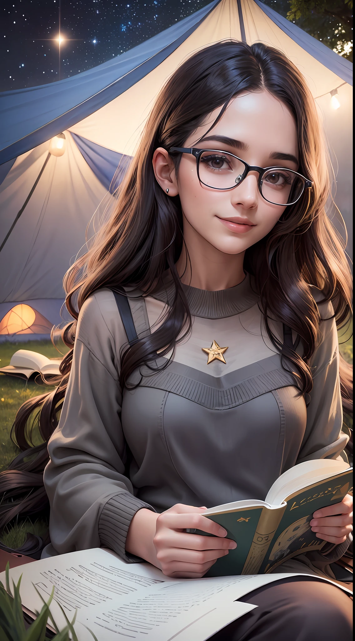 Young woman sitting on the grass reading a book, long black curly hair, wearing glasses, delicate smile, bright brown eyes, looking up at the sky, lamp light, whole body, under a huge tree, farther view, a tent in the background, starry sky, illuminated night, photographic effect, 8k, super detailed, hyper realistic.