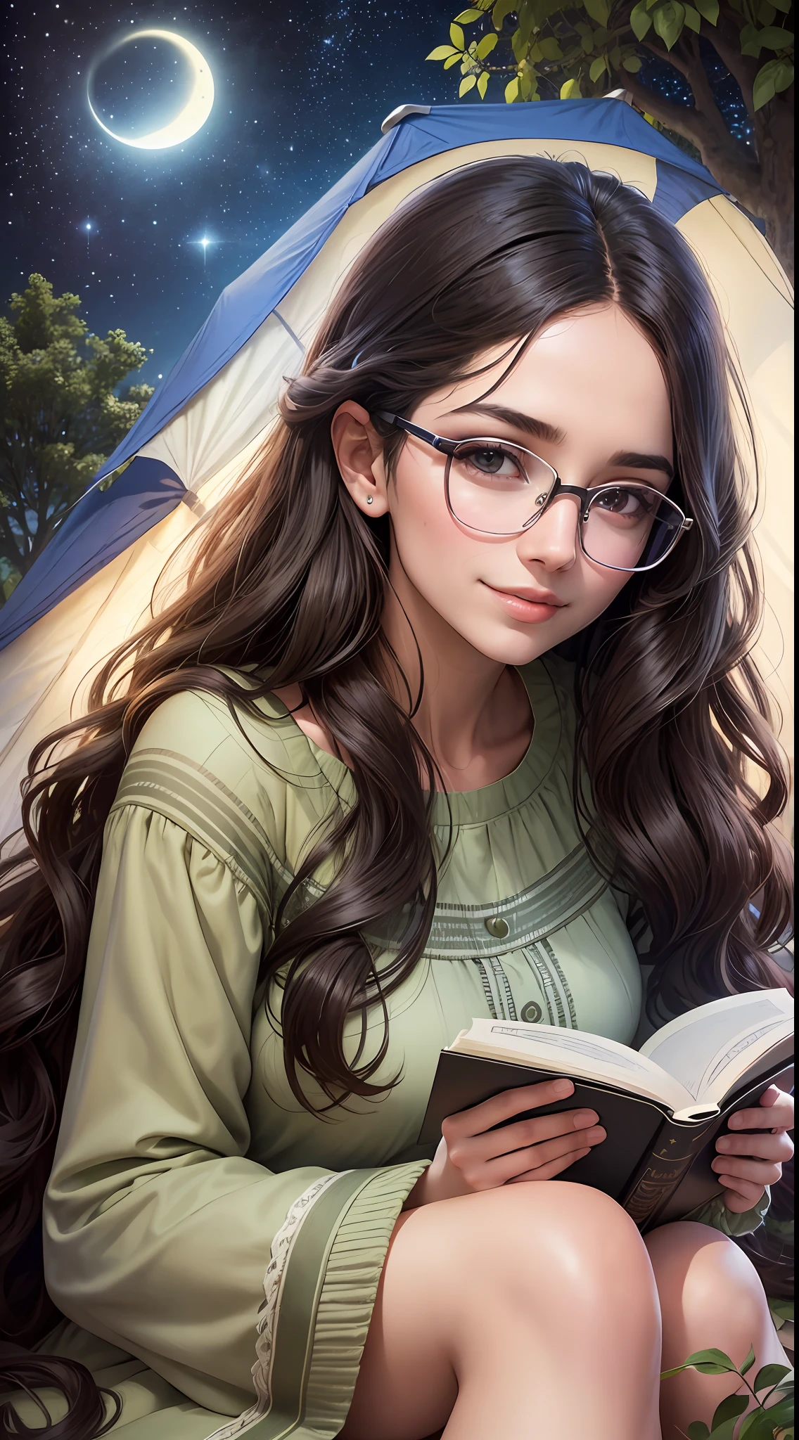 Young woman sitting on the grass reading a book, long black curly hair, wearing glasses, delicate smile, bright brown eyes, looking up at the sky, lamp light, whole body, under a huge tree, farther view, a tent in the background, starry sky, illuminated night, photographic effect, 8k, super detailed, hyper realistic.