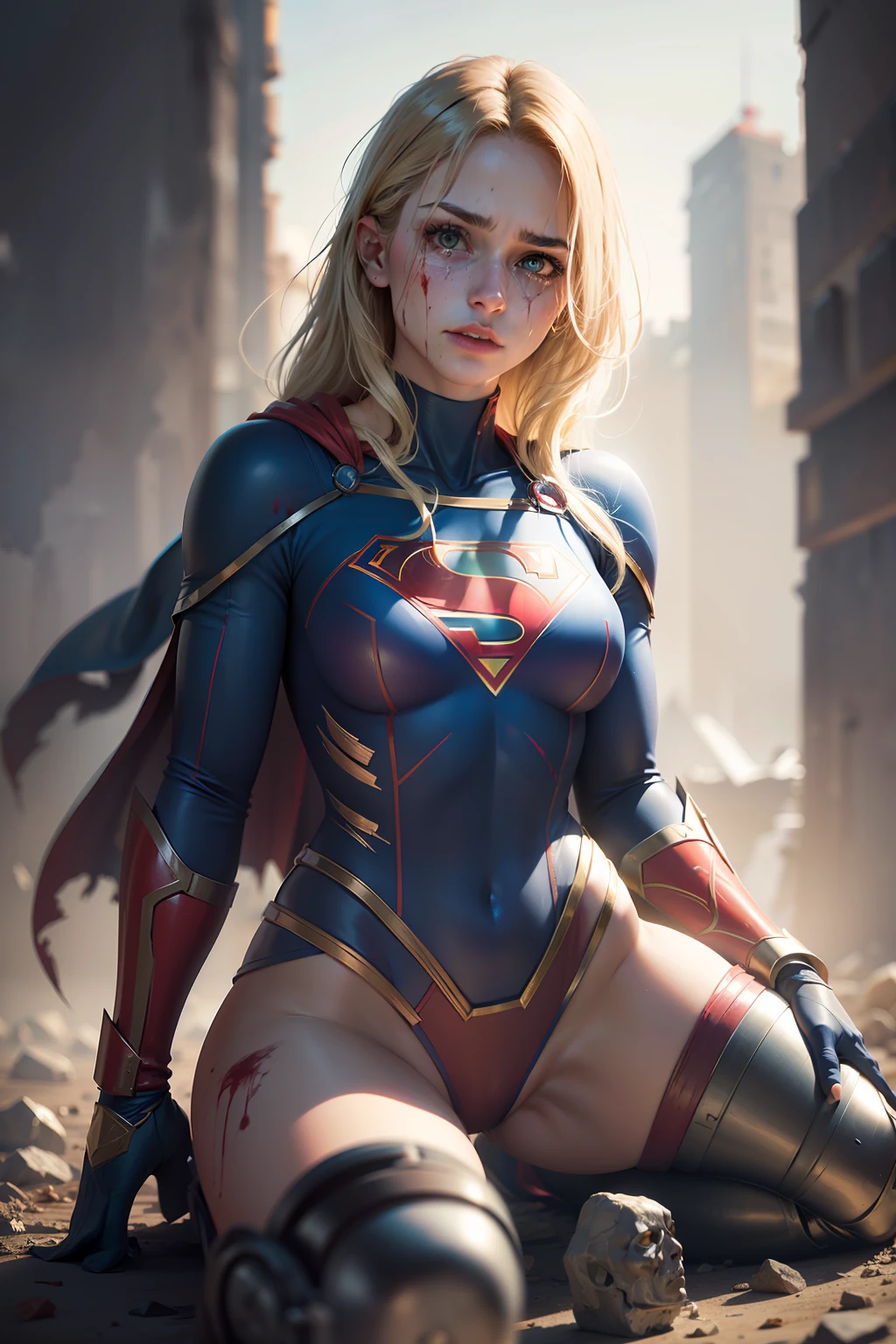 (best quality), (masterpiece), supergirl (perfect face), defeated, (perfect body), (tears, blood, severe bruises and injuries on body, heavy wounds and cuts, severe bleeding from nose, mouth and injuries, damaged), (supergirl suit, ripped and torn suit), (injured and surrender kneeling weekly), perfect body, dark lighting, dim light, foggy and smoky, cowboy shot, 8k resolution, high saturation, damaged and ruined surrounding