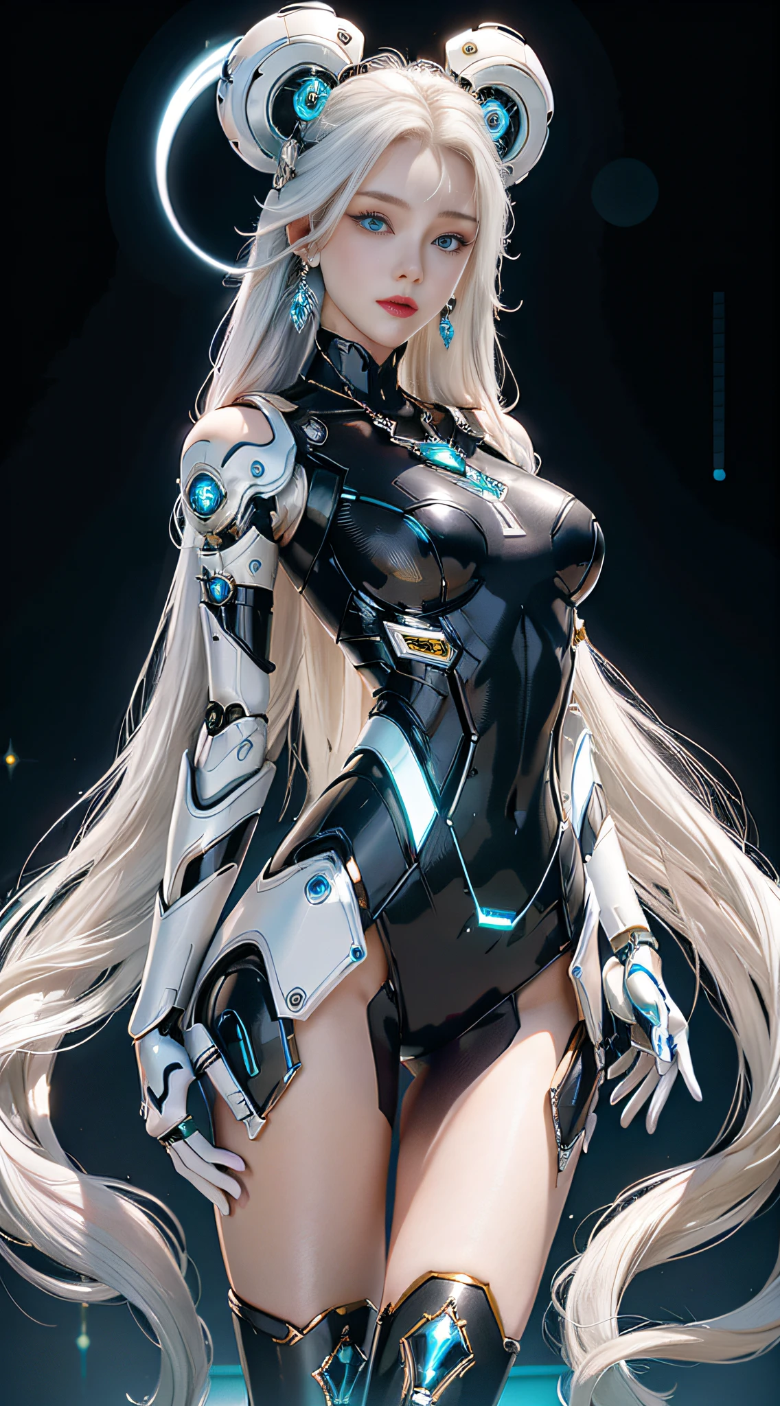 Elegant hair,1girl,solo,Mechanical Headwear,Look up the lens,white hair,long hair,whole body,mechanical arm,(glow:1.2),earrings,looking at viewer,mechanical necklace,Positive symmetrical composition,blue eyes,Robot Background,Diamond,The background of the huge light engine,mechanical leg,.