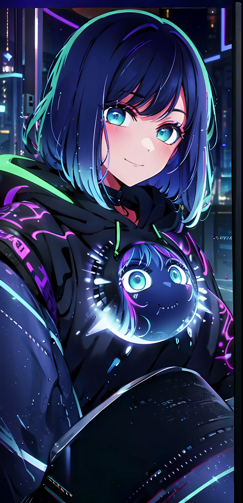 detailed background, masterpiece, best quality, smile, ornament, hoodie, blue neon, graffiti, dark, night, glowing eyes, blacklight, medium breast,selfie