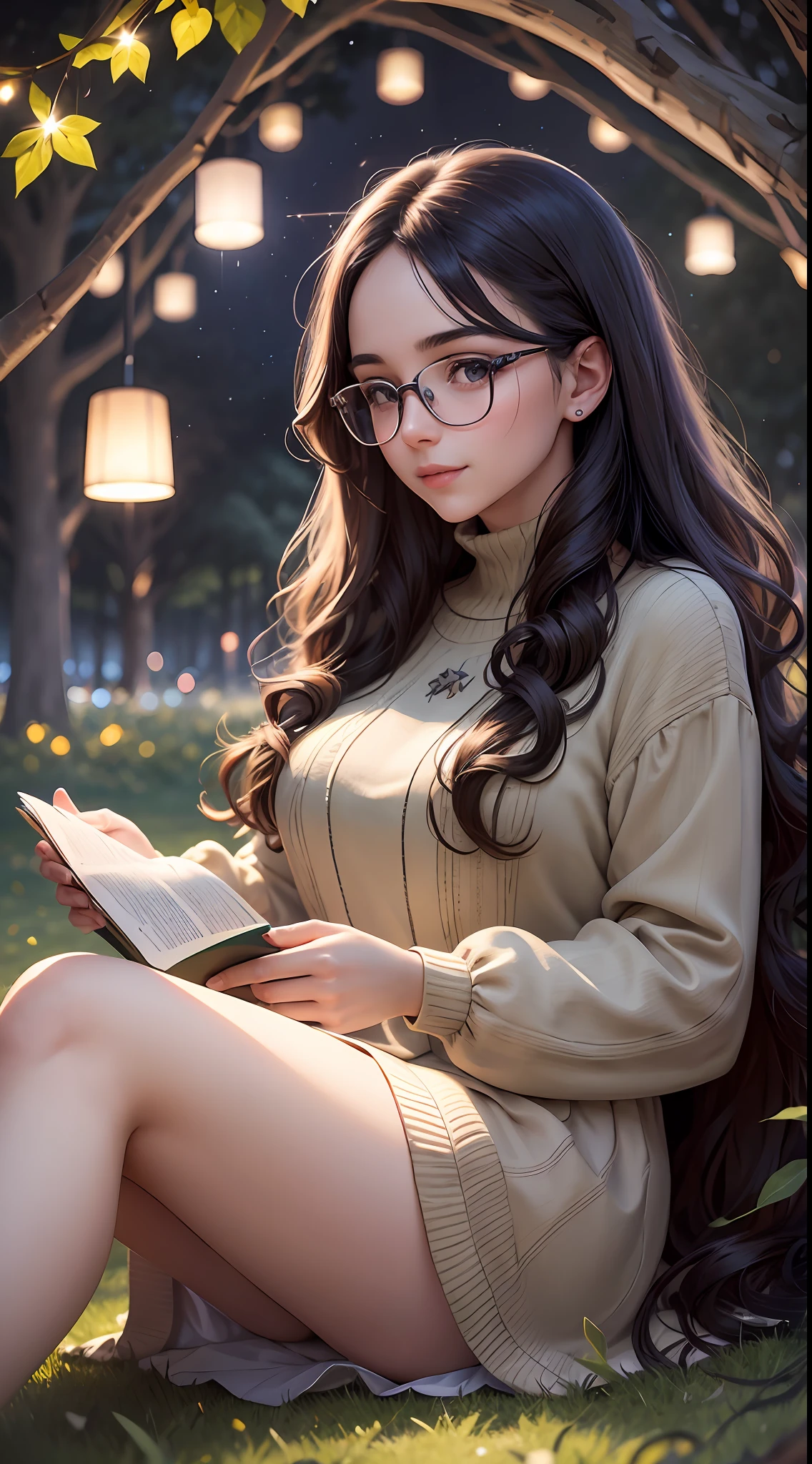 Young woman sitting on the grass reading a book, long black curly hair, wearing glasses, delicate smile, bright brown eyes, looking up at the sky, lamp light, whole body, under a huge tree, farther view, a tent in the background, starry sky, illuminated night, photographic effect, 8k, super detailed, hyper realistic.