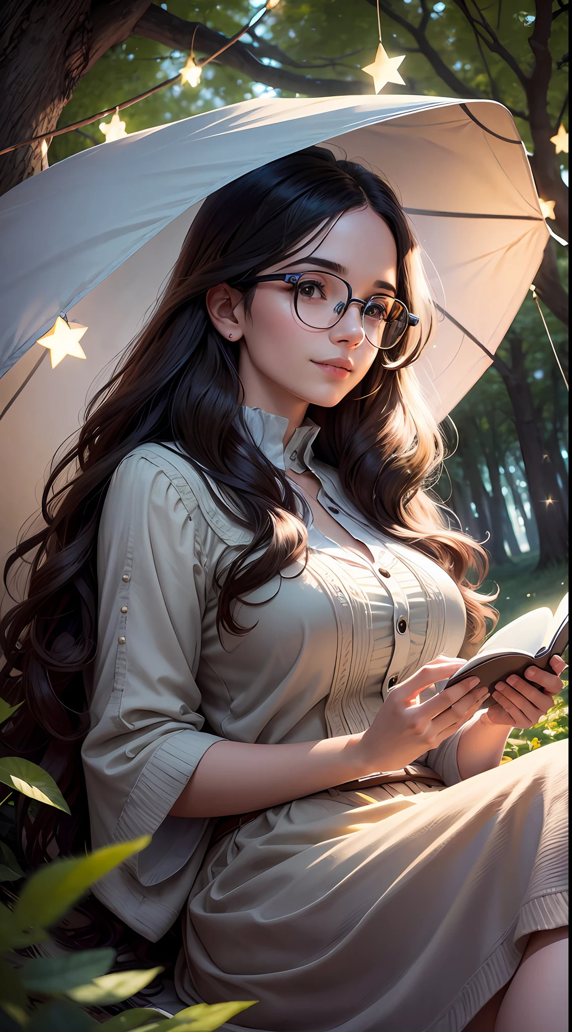 Young woman sitting on the grass reading a book, long black curly hair, wearing glasses, delicate smile, bright brown eyes, looking up at the sky, lamp light, whole body, under a huge tree, farther view, a tent in the background, starry sky, illuminated night, photographic effect, 8k, super detailed, hyper realistic.