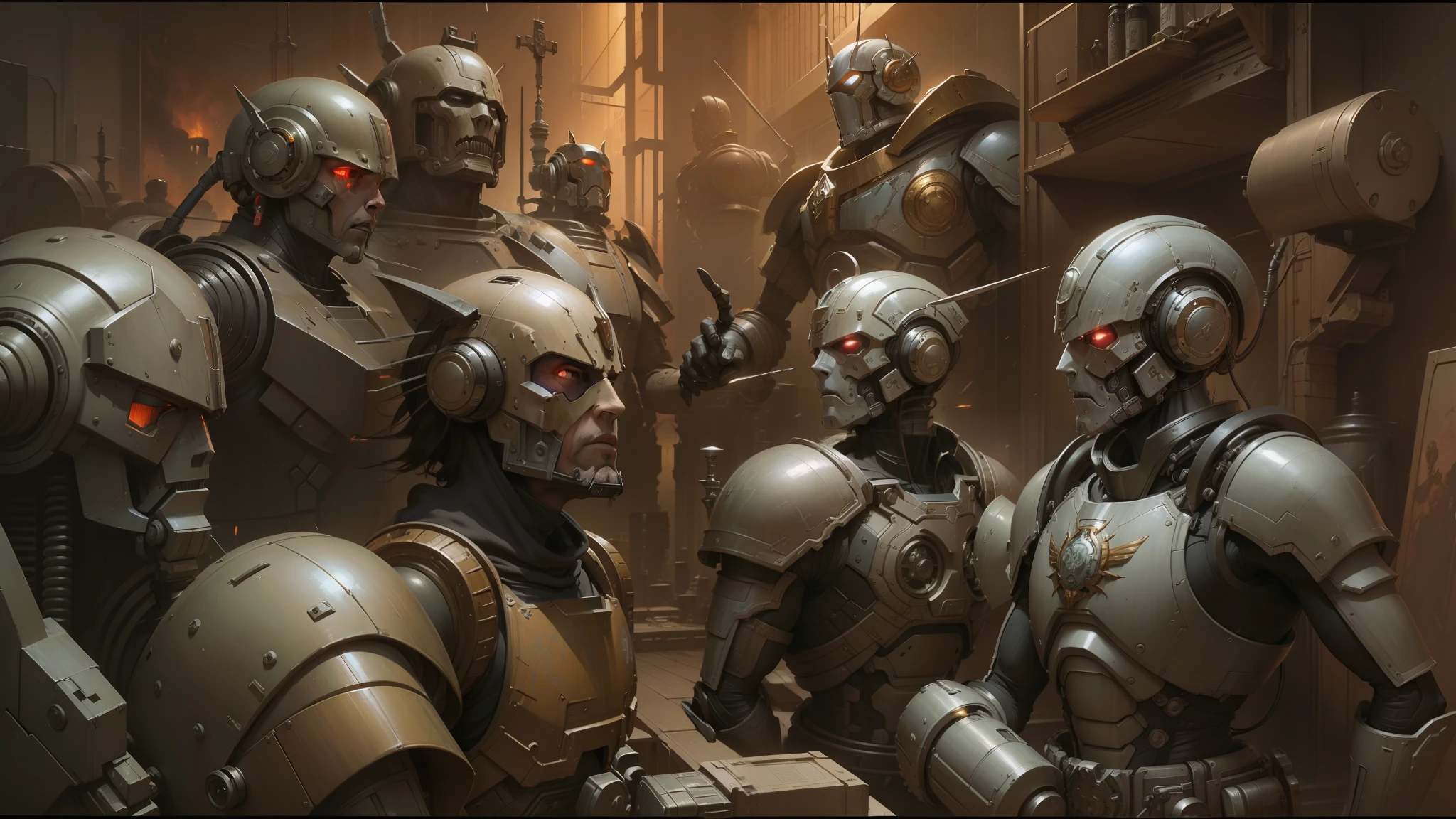 there are many robots that are standing in a room, epic concept art. warhammer 40k, craig mullins nekro, by Dave Dorman, greg rutkowski and craig mullins, dale keown and greg rutkowski, warhammer 4 0 k artwork, warhammer 4 0 k setting, warhammer 40k setting, hyperdetailed | donato giancola --auto --s2