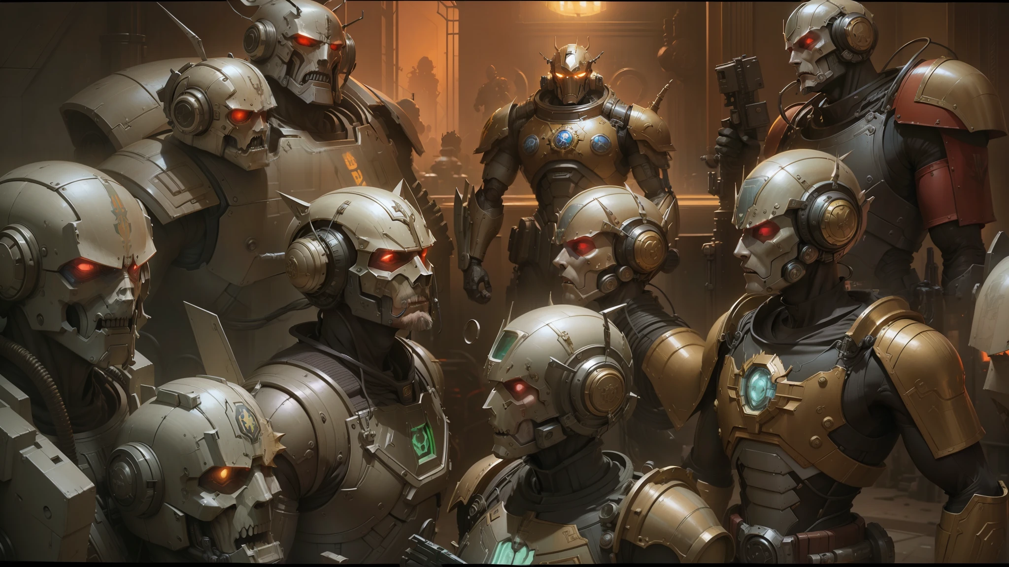 there are many robots that are standing in a room, epic concept art. warhammer 40k, craig mullins nekro, by Dave Dorman, greg rutkowski and craig mullins, dale keown and greg rutkowski, warhammer 4 0 k artwork, warhammer 4 0 k setting, warhammer 40k setting, hyperdetailed | donato giancola --auto --s2
