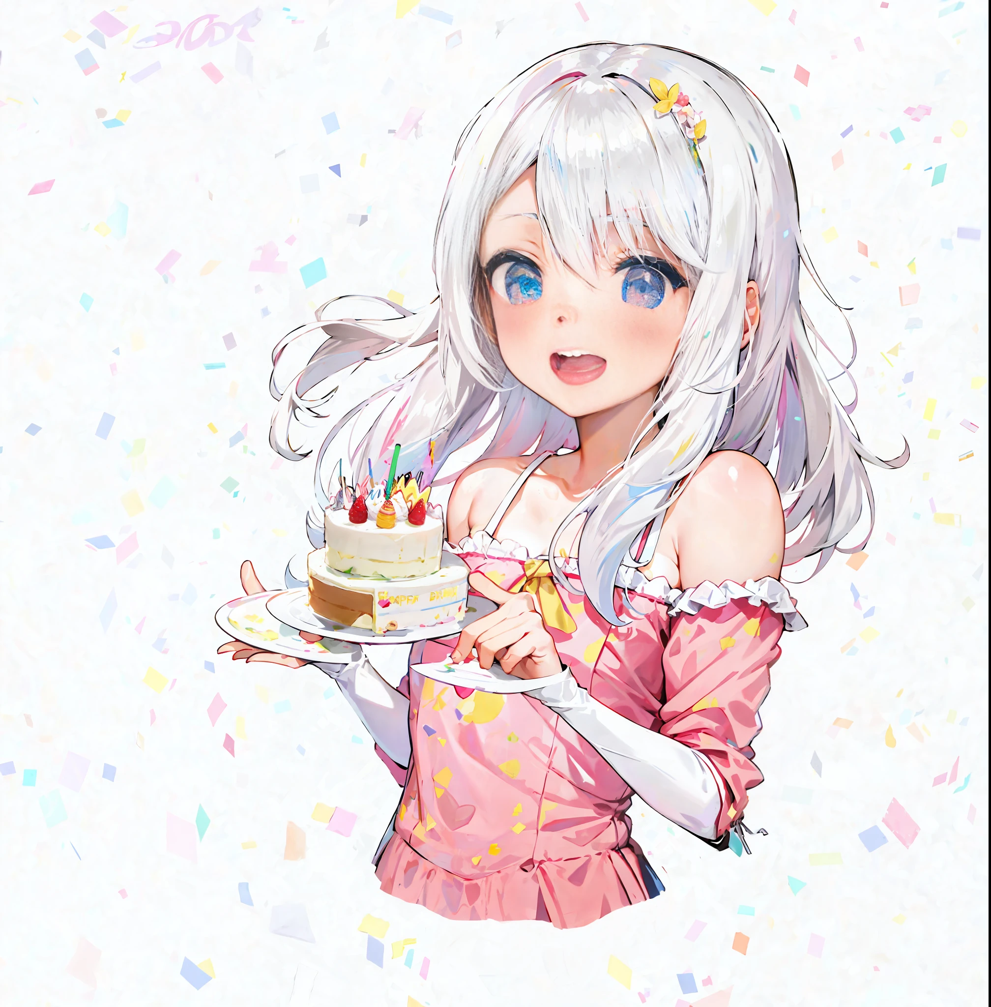 Anime girl holding cake with a lot of frosting on it, holding birthday cake, eating cake, gray haired god, April rendering, (anime girl), cake in hand, white hair girl, happy birthday, made with anime painter studio, celebrating birthday