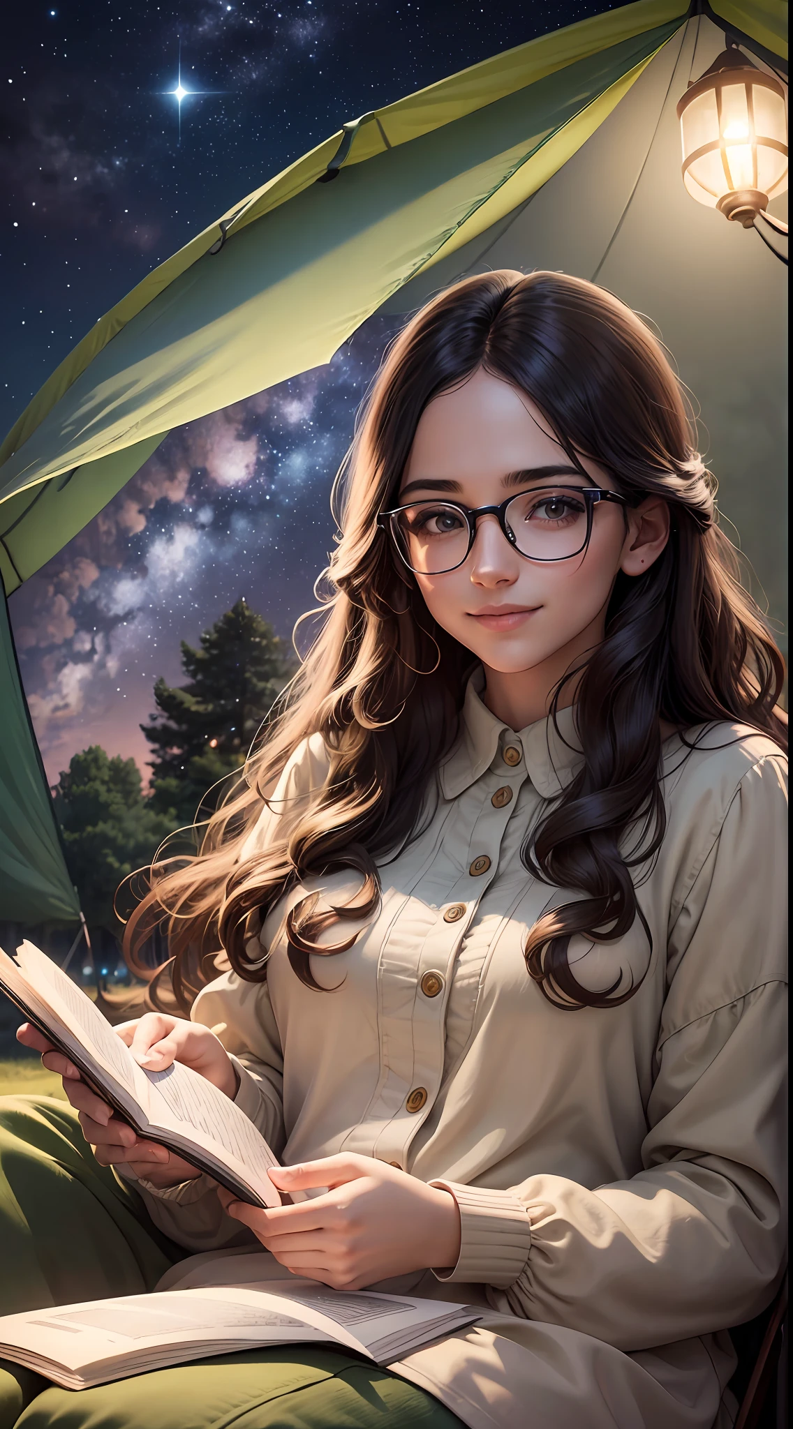 Young sits on the grass reading a book, long black curly hair, wearing glasses, delicate smile, bright brown eyes, looking up at the sky, lamp light, whole body, under a huge tree, farther view, a tent in the background, starry sky, illuminated night, photographic effect, 8k, super detailed, hyper realistic.