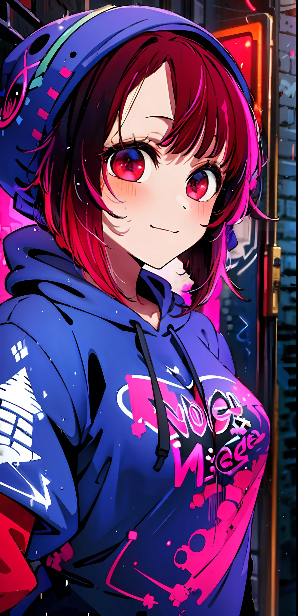 (masterpiece:1.2), best quality, absurdres, detailed background, masterpiece, best quality, smile, ornament, hoodie, neon red, graffiti, dark, night, glowing eyes, selfie, medium breast