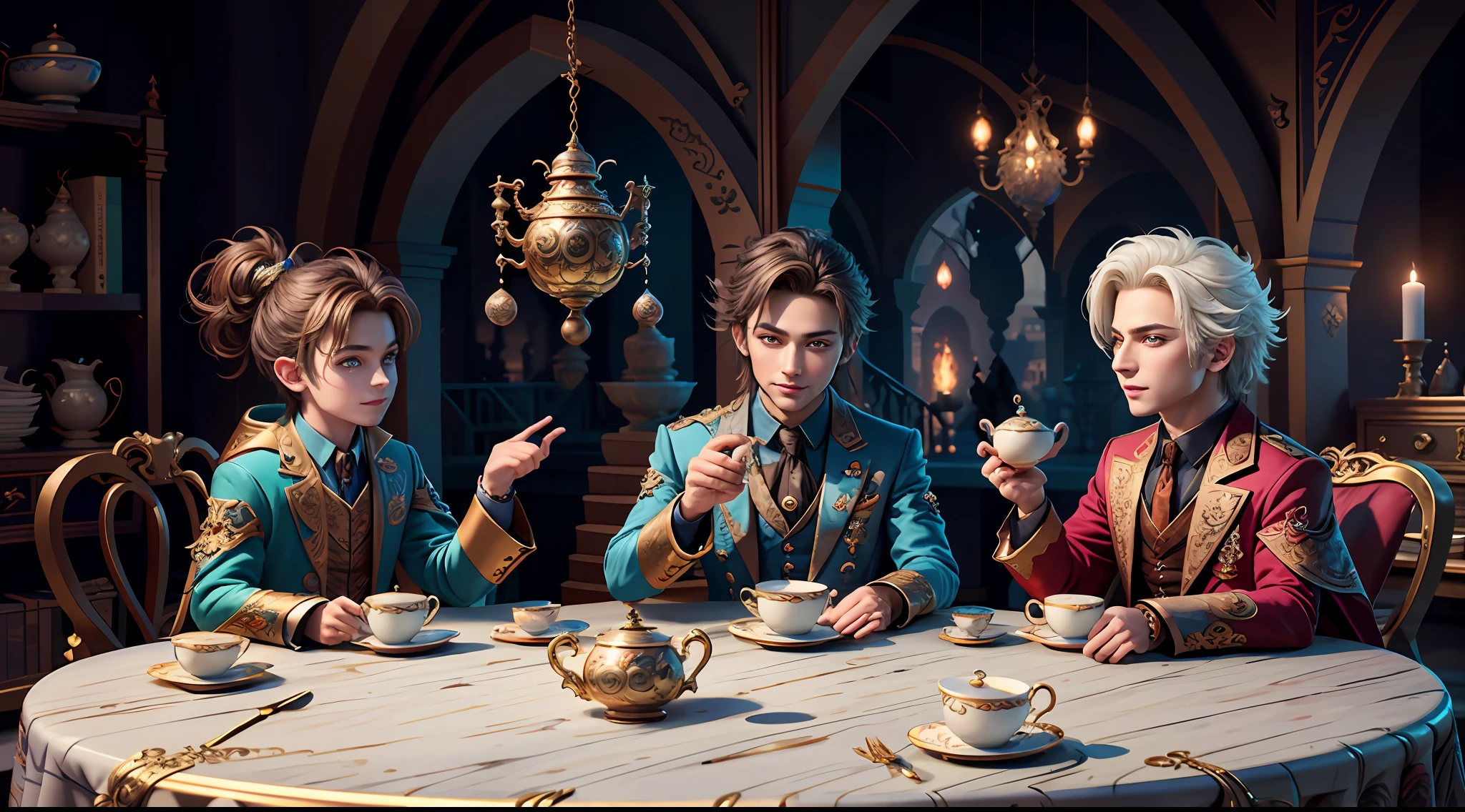 Masterpiece, best quality, wizard tea party, magic tea party, magic, chibi, handsome male witch, highly detailed realistic eyes, happy, vibrant, colorful, rich expressions, rich eyes