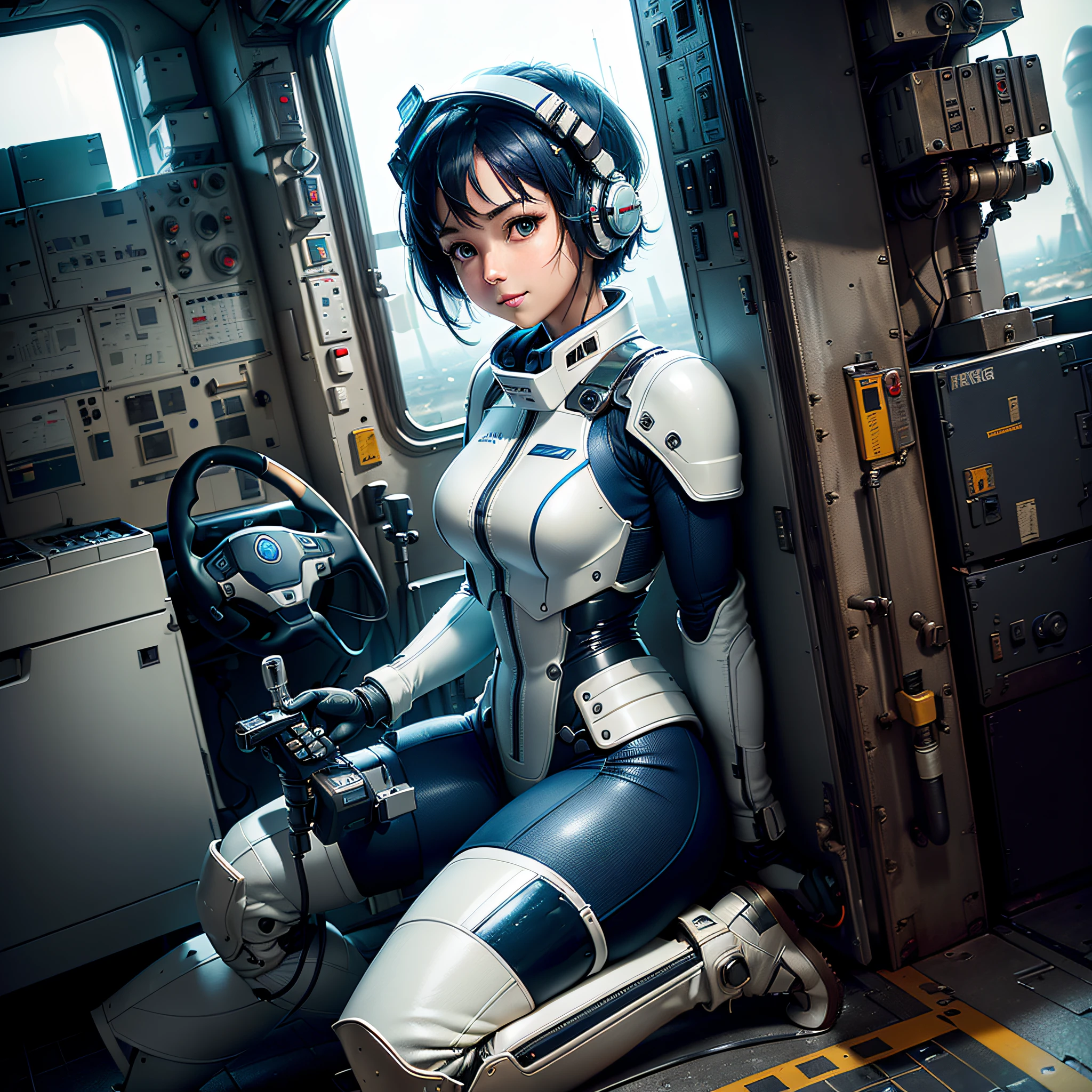(masterpiece, highest quality, highest resolution, distinct_image, very elaborate CG, cinematic lighting, ray tracing, drop shadows, detailed detail, (photorealistic: 1.4), high quality textures, fine-grained, realistic face expression): (lone girl, face is Japan, short blue hair, small size breasts, sparkling eyes, Eye level shot, white and blue color pilot suit, tight fit clothes, full-body covering clothing, light smile, beauty, slim body, exoskeleton, heroine, headset, long boots, gloves, riding and piloting a robot leaning forward, control panel, tools, safety equipment, radar display, touch panel, various indicators, levers, computer keyboard, mouse, warning lights, fuel gauges, pressure gauges, control towers outside the window, large levers, foot access pedals, brake pedals, thick manuals, military bases outside the window)