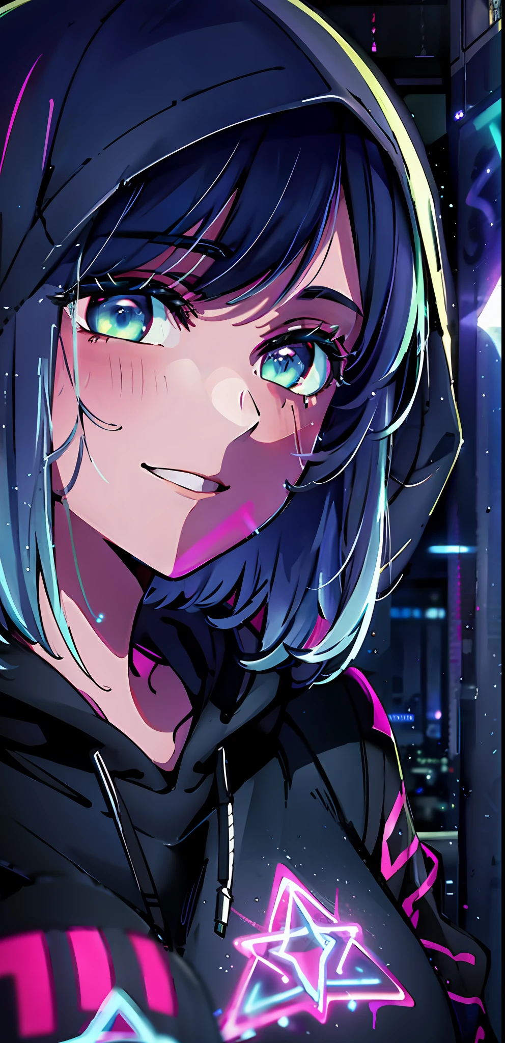 detailed background, masterpiece, best quality, smile, ornament, hoodie, blue neon, graffiti, dark, night, glowing eyes, blacklight, medium breast,selfie