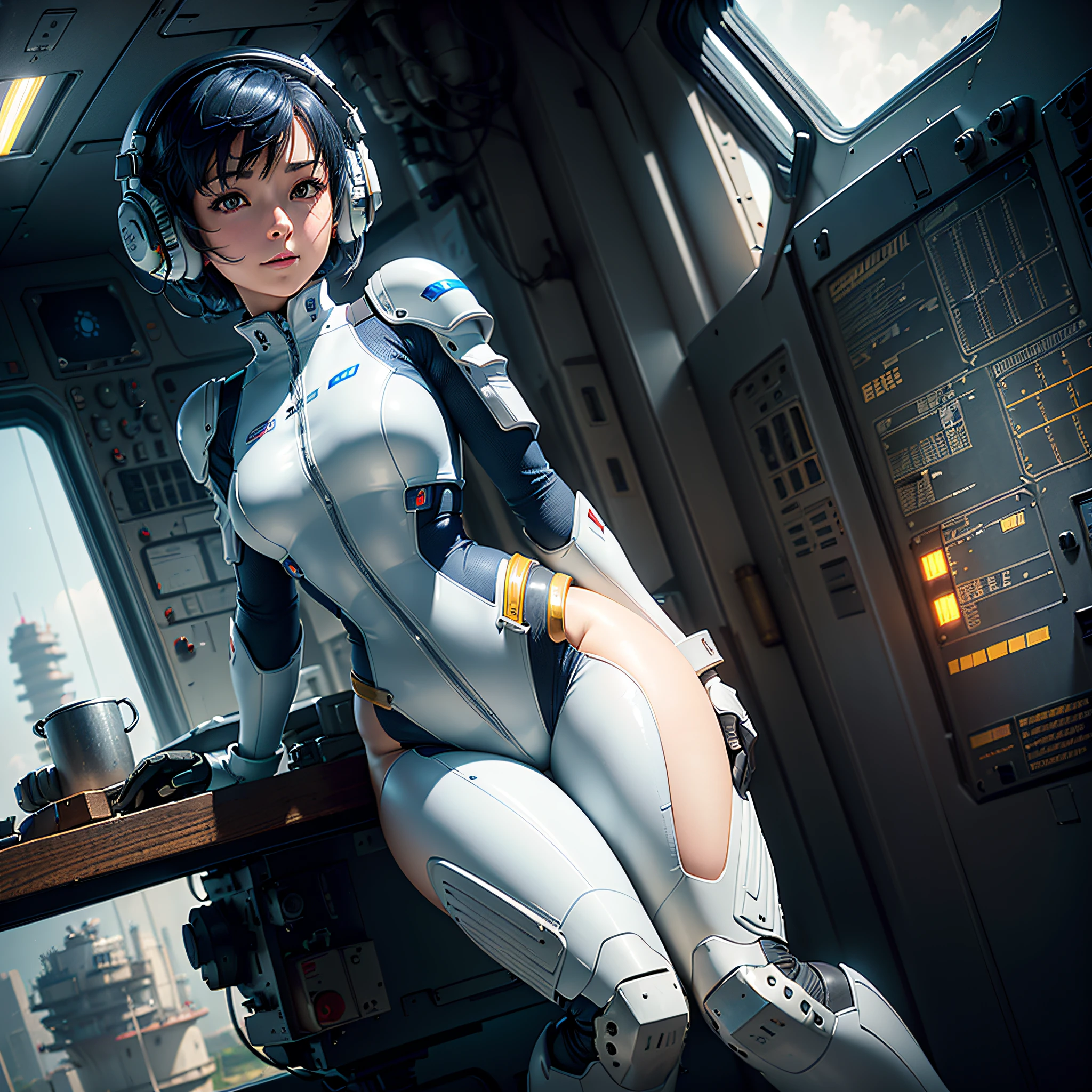 (masterpiece, highest quality, highest resolution, distinct_image, very elaborate CG, cinematic lighting, ray tracing, drop shadows, detailed detail, (photorealistic: 1.4), high quality textures, fine-grained, realistic face expression): (lone girl, face is Japan, short blue hair, small size breasts, sparkling eyes, Eye level shot, white and blue color pilot suit, tight fit clothes, full-body covering clothing, light smile, beauty, slim body, exoskeleton, heroine, headset, long boots, gloves, riding and piloting a robot leaning forward, control panel, tools, safety equipment, radar display, touch panel, various indicators, levers, computer keyboard, mouse, warning lights, fuel gauges, pressure gauges, control towers outside the window, large levers, foot access pedals, brake pedals, thick manuals, military bases outside the window)