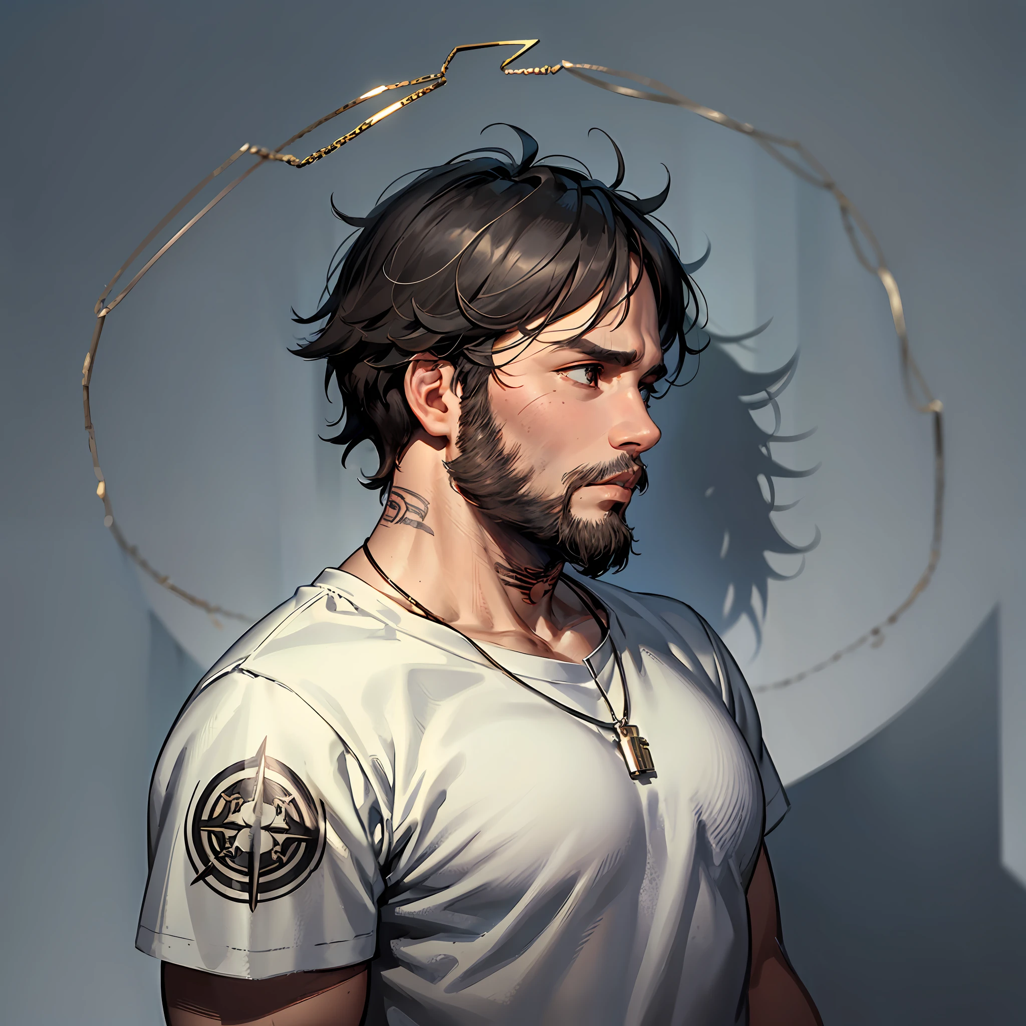 Best Quality, Anime, Face Photo, Profile Picture, Looking at Camera, Man, 1 Person, Brown Skin, Black Hair, Short Hair, Straight Hair, Messy Hair, Tired Eyes, Fat Body, Muscular, Beard, Messy Beard, Short Beard, Casual Clothes, Chain Necklace, Silver Necklace, Shirt Underneath, Hidden Hands, No Tattoo --auto --s2