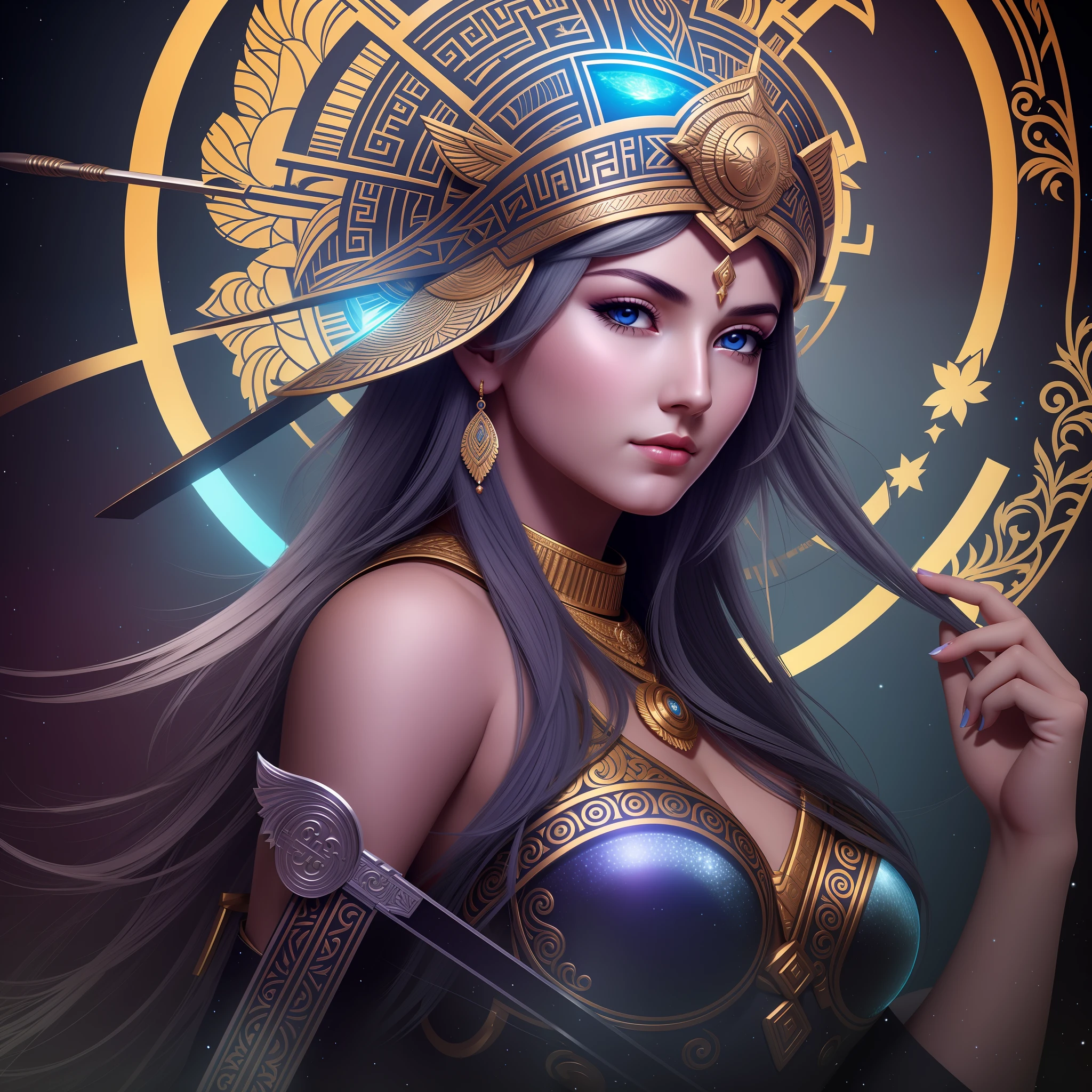 Goddess athena with white hair and details of both skin color and outline very light as if she were an angel in a place with a very dark background, blue eyes and the image of full body.