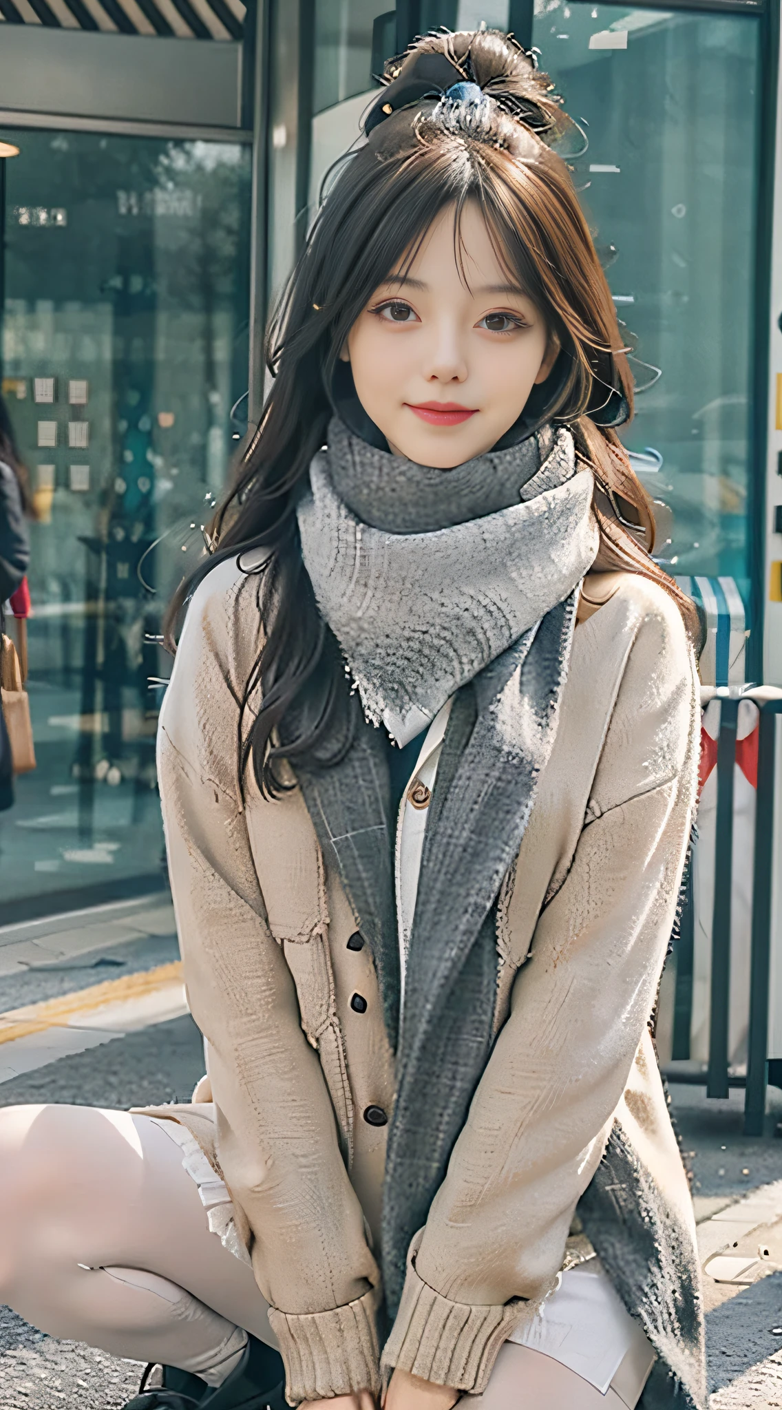 (close-up:1.4),
(RAW photo:1.2), (photorealistic:1.4),(masterpiece:1.3),(best quality:1.4), dreamlike, (detailed eyes),(detailed facial features), (detailed clothes features), skin tight, (shiny skin),(slender girl),(slim girl), 1girl, ((full body)),solo, cute,smlie,(medium breasts), bangs, straight hair, long hair, black hair, black eyes, crystal pendant, Long blue scarf,White long wool coat,Black thick pantyhose,Brown snow boots,