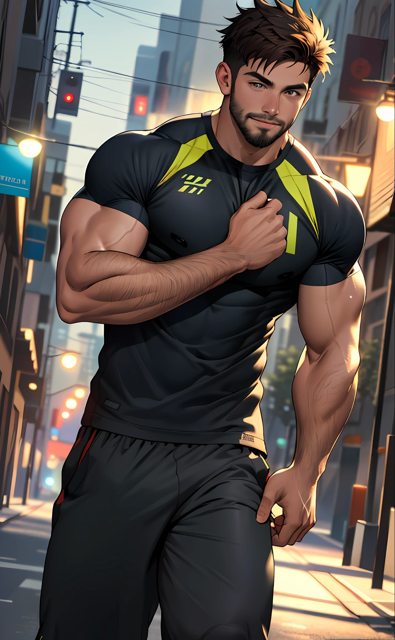 best quality, masterpiece, super high resolution, detailed background, realism, Illustrations, single, 1 boy, street, muscle, volumetric lighting, depth of field, facial hair, fitness trainer