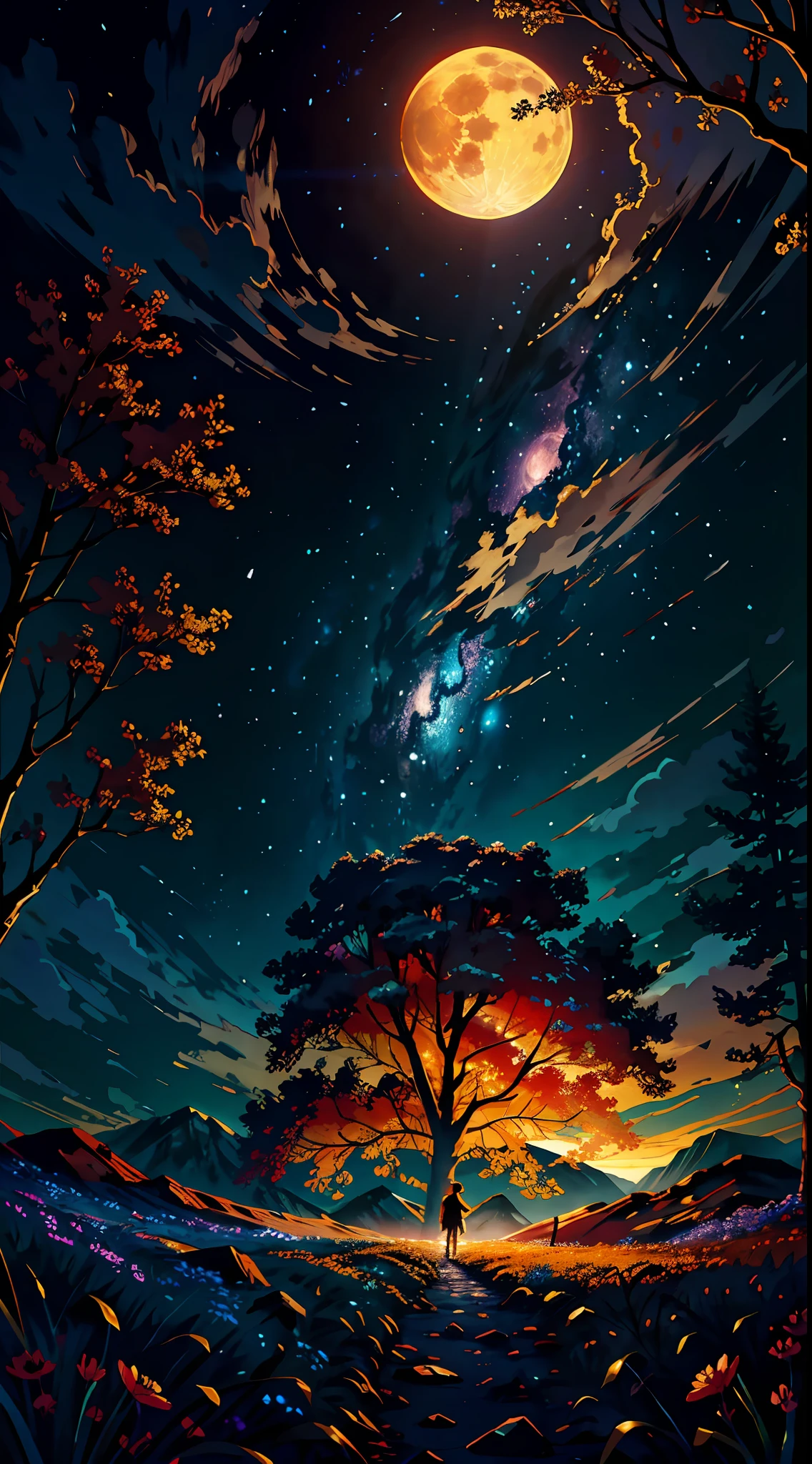 Vast landscape photos, (looking at the sky and the wilderness below),  girl standing in a flower field looking up, (Full Moon: 1.1), (Meteor: 0.9), (Nebula: 1.3), Distant Mountains, Tree Breaking Making Art, (Warm Light Source: 1.2), (Firefly: 1.2), Lights, Red and Orange, Intricate Details, Volumetric Lighting BREAK (Masterpiece: 1.2), (Highest Quality), 4K, Super Delicate, (Dynamic configuration: 1.4), highly detailed and colorful details (iridescent colors: 1.2), (sparkling lighting, atmospheric lighting), dreamy, magical, (solo: 1.2)