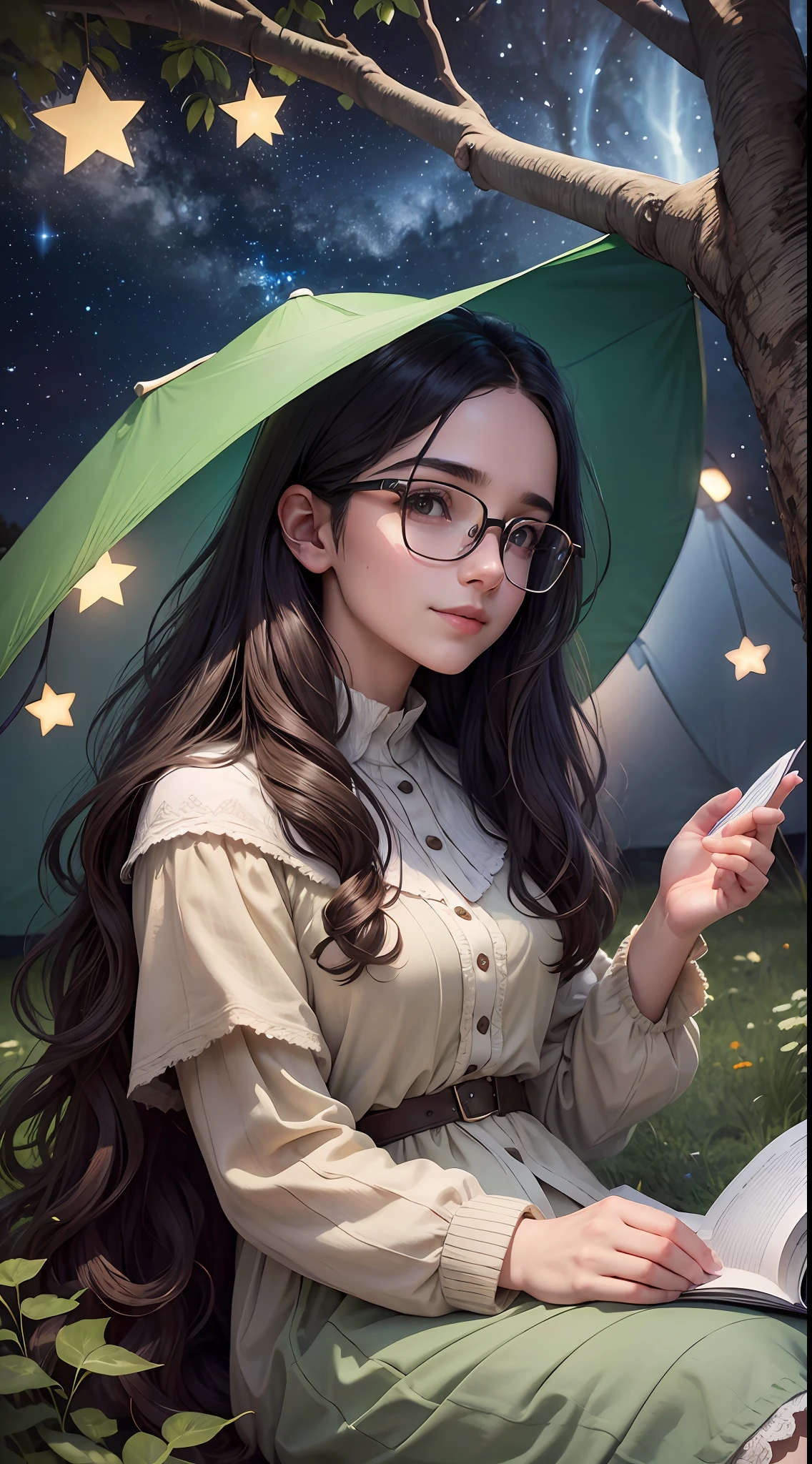 Young sits on the grass reading a book, long black curly hair, wearing glasses, delicate smile, bright brown eyes, looking up at the sky, lamp light, whole body, under a huge tree, farther view, a tent in the background, starry sky, illuminated night, photographic effect, 8k, super detailed, hyper realistic.