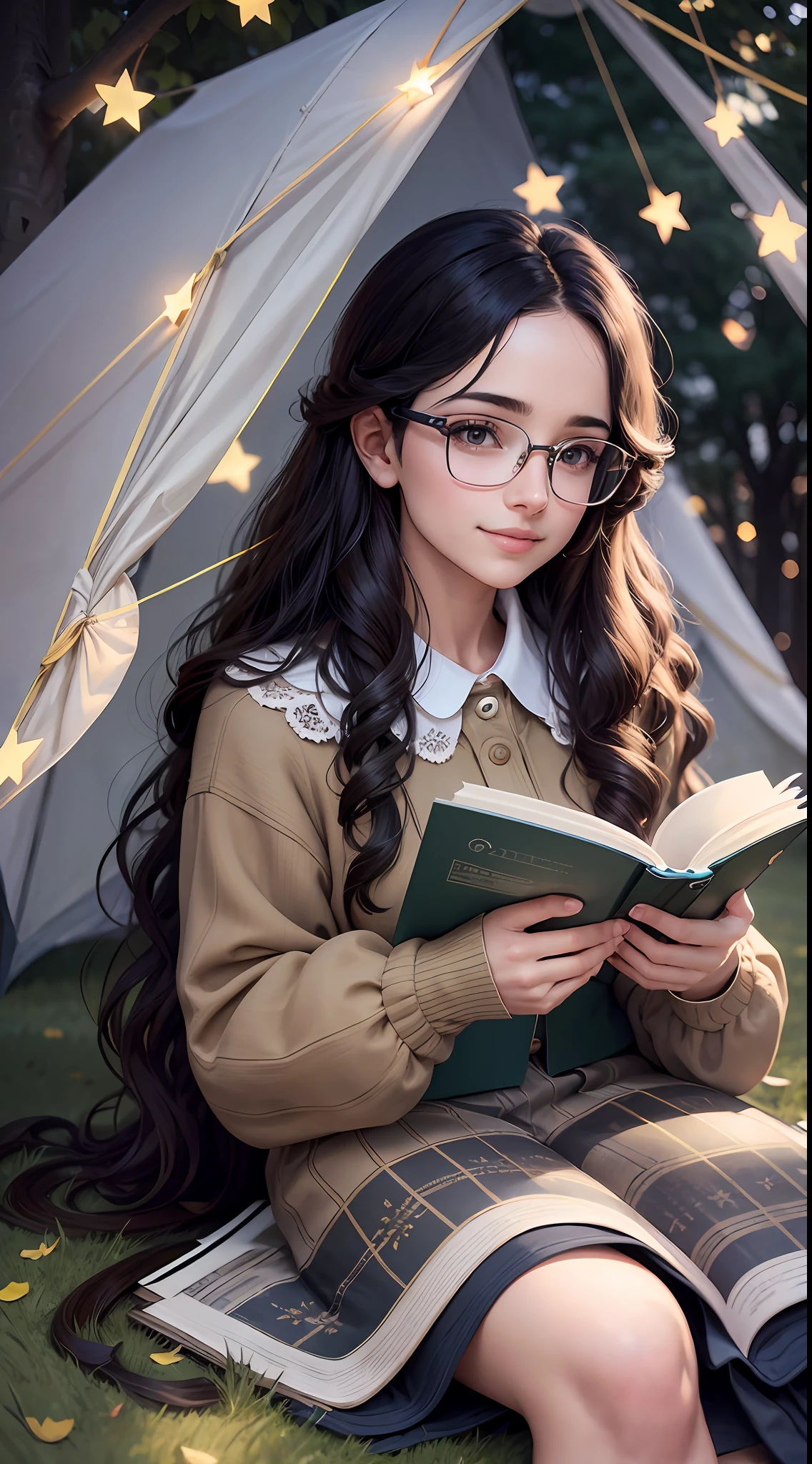 Young sits on the grass reading a book, long black curly hair, wearing glasses, delicate smile, bright brown eyes, looking up at the sky, lamp light, whole body, under a huge tree, farther view, a tent in the background, starry sky, illuminated night, photographic effect, 8k, super detailed, hyper realistic.
