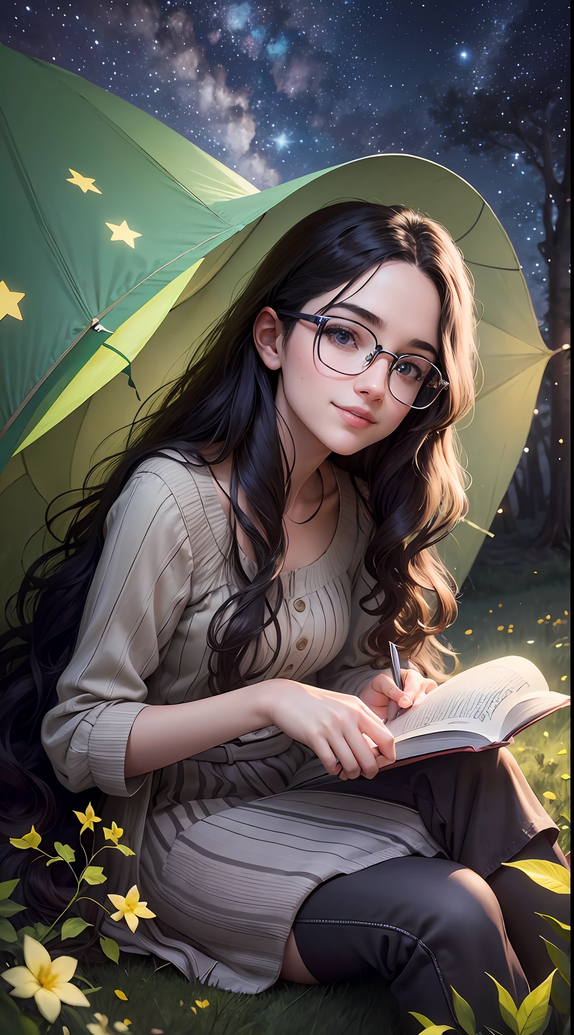 Young sits on the grass reading a book, long black curly hair, wearing glasses, delicate smile, bright brown eyes, looking up at the sky, lamp light, whole body, under a huge tree, farther view, a tent in the background, starry sky, illuminated night, photographic effect, 8k, super detailed, hyper realistic.