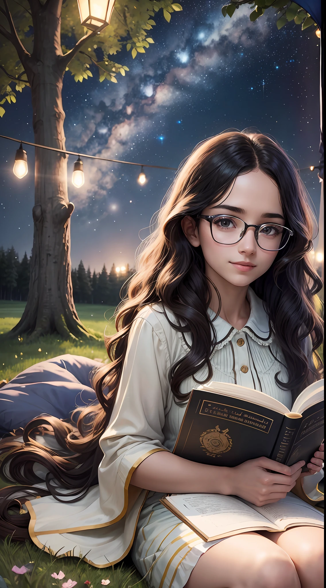 Young sits on the grass reading a book, long black curly hair, wearing glasses, delicate smile, bright brown eyes, looking up at the sky, lamp light, whole body, under a huge tree, farther view, a tent in the background, starry sky, illuminated night, photographic effect, 8k, super detailed, hyper realistic.