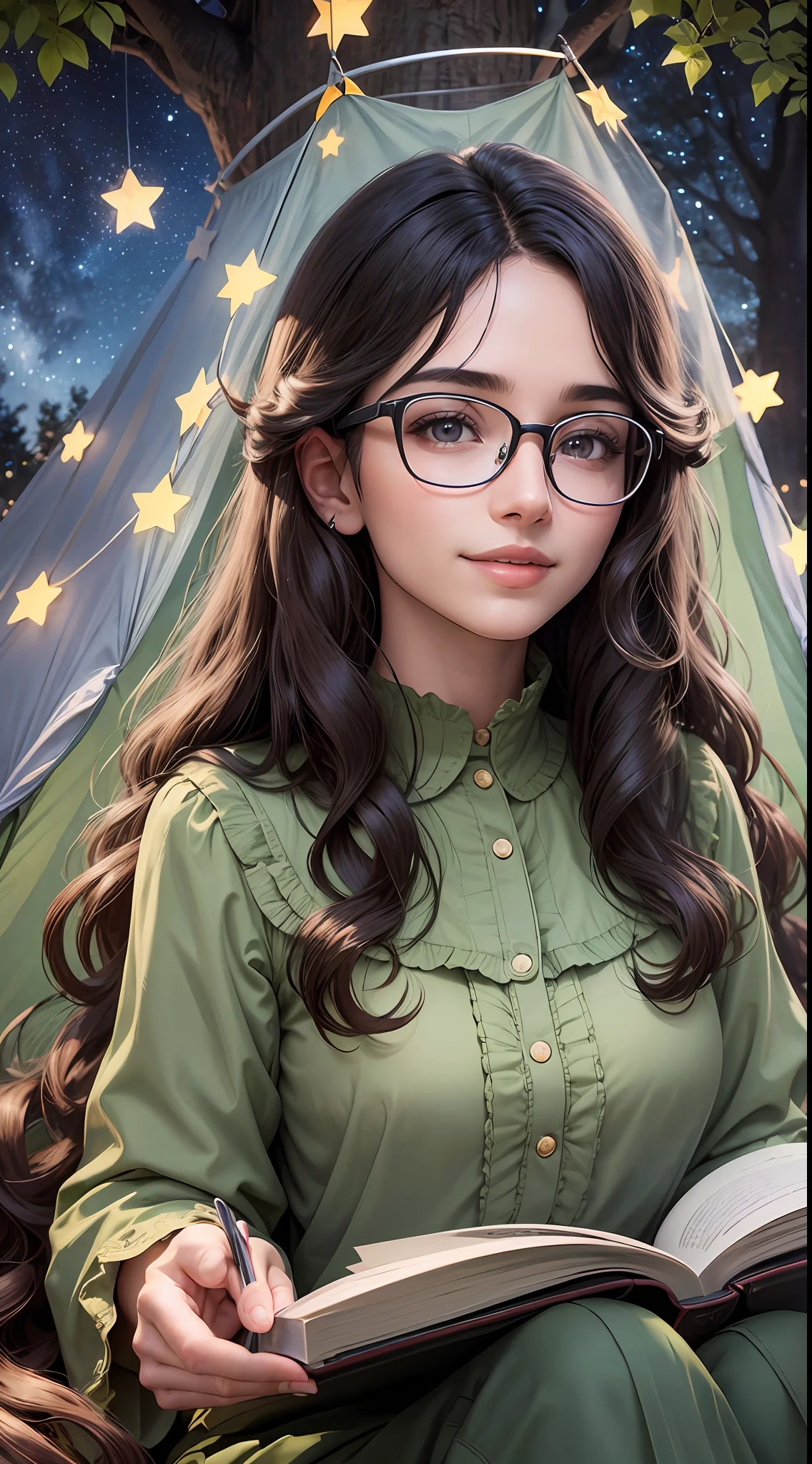 Young sits on the grass reading a book, long black curly hair, wearing glasses, delicate smile, bright brown eyes, looking up at the sky, lamp light, whole body, under a huge tree, farther view, a tent in the background, starry sky, illuminated night, photographic effect, 8k, super detailed, hyper realistic.