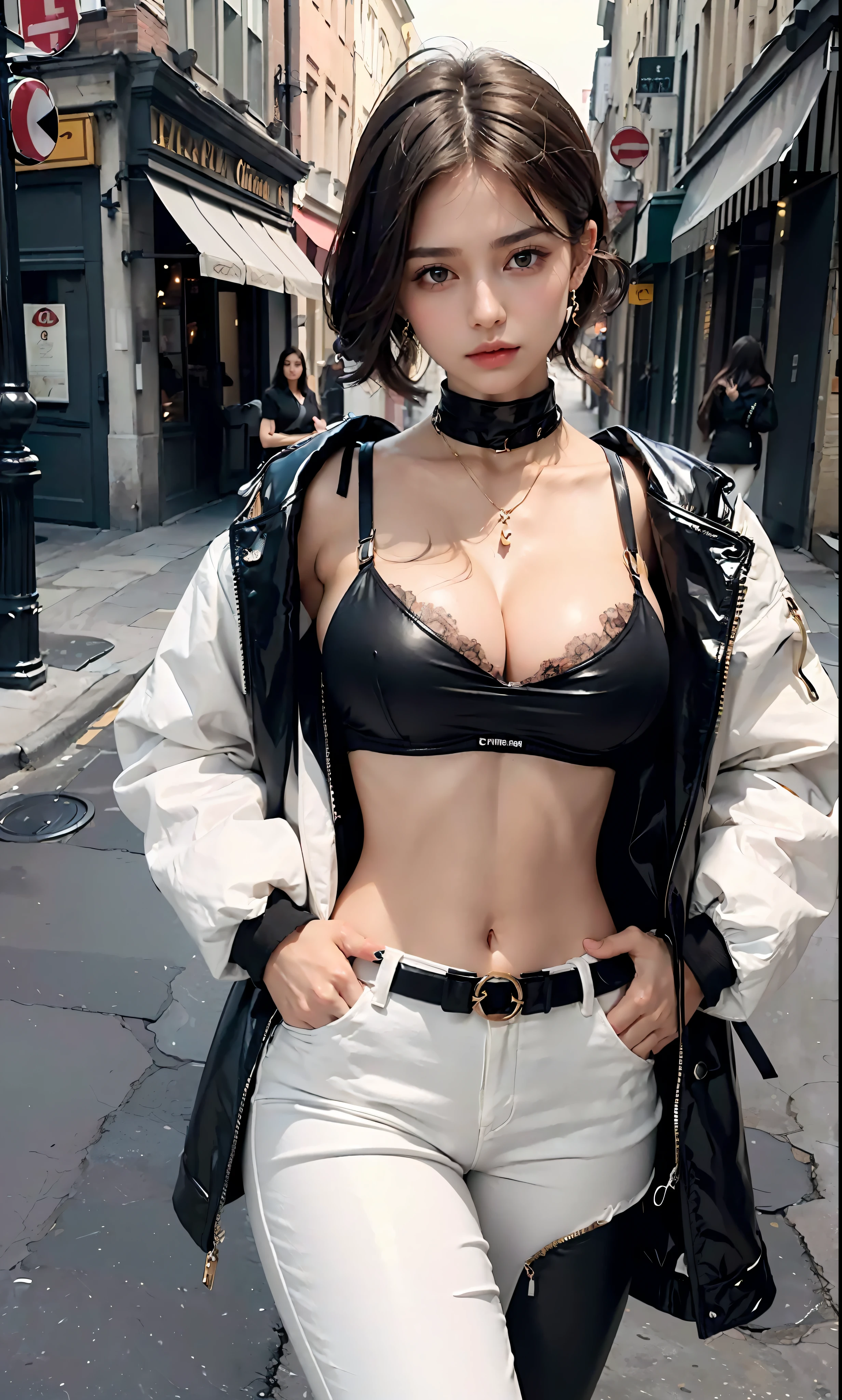 (((masterpiece))),((best quality)),detailed,1girl,(hands in pockets),dynamic pose,(Perfect and delicate hairdressing),Shiny hair,brunette,Short,Messy hair,Swept bangs,undercut,Brilliant highlights,(Perfect and delicate eyes),(Perfect and delicate beauty),Expressionless,(Perfect for soft and supple skin),Glow skin,skinny,(Shiny skin),(Perfect Body Type),Narrow waist,Wide hips,breast_expansion,collarbone,x_navel,cleavage,(Beautiful clothes with perfect details),goyain,chain_necklace,Black jacket,open_clothes,open_jacket,white crop top,white_pants,street,pedestrian,((large breast))
